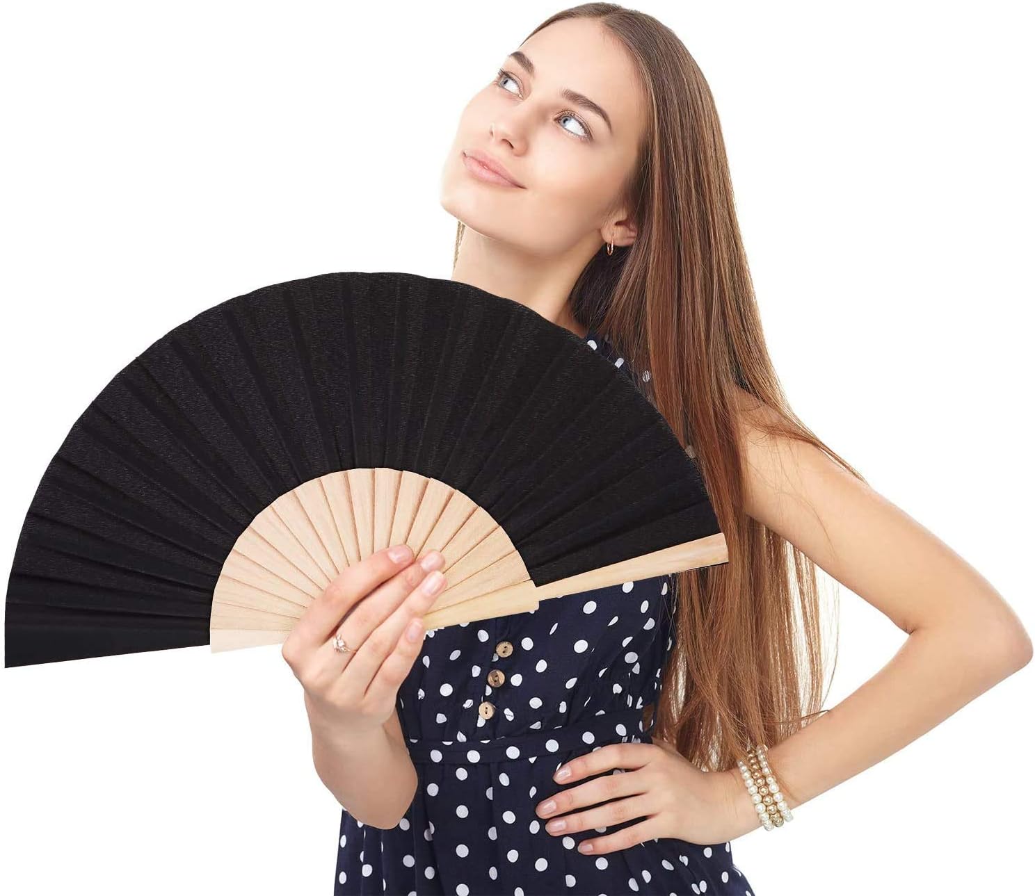 Chuangdi 4 Pcs Wooden Handheld Folding Fans with Cloth Fabric, DIY Manual Craft Fans with Drawstring Organza Bags for Line Dancing, Wedding, Graduation, Party Favors for Men Women(Black)