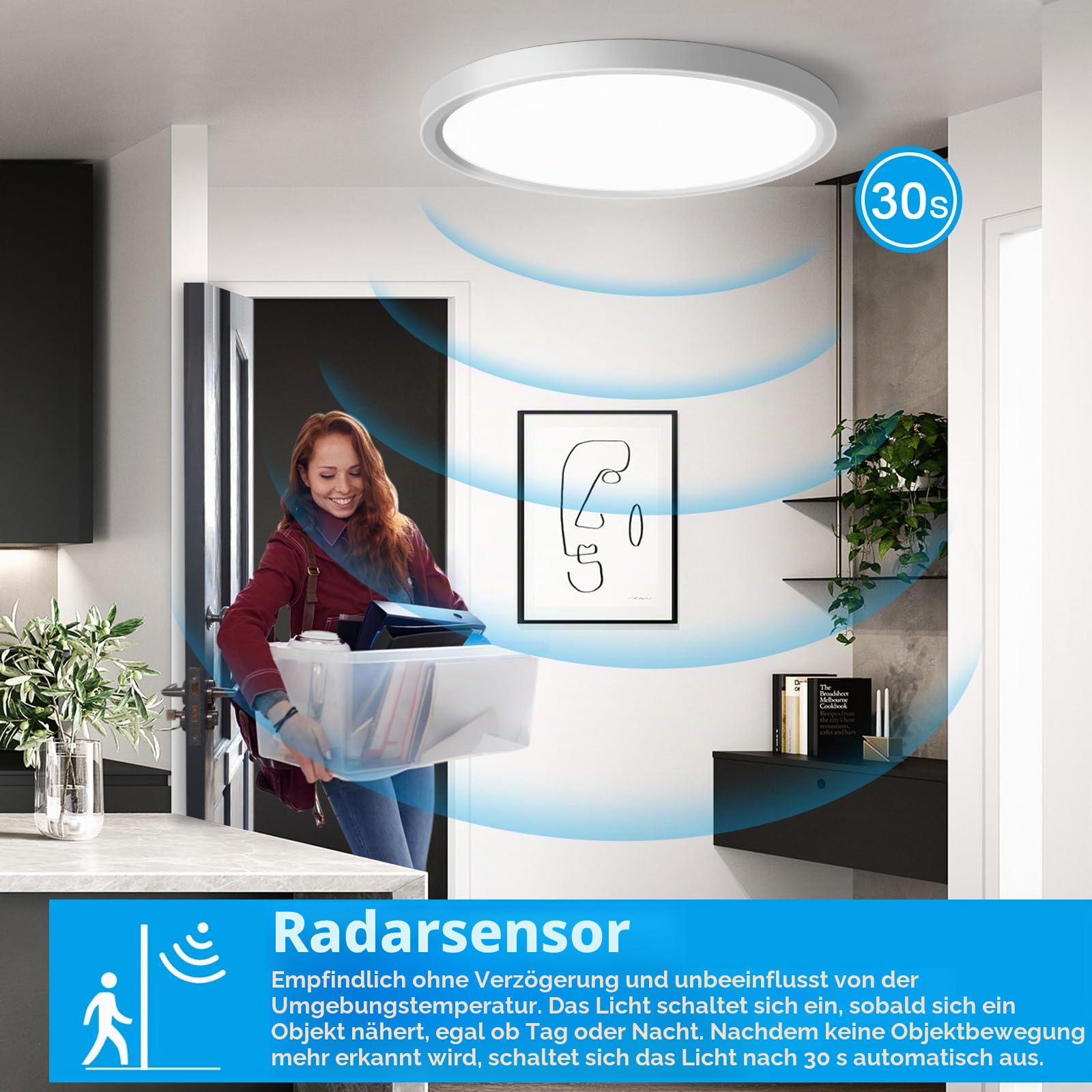 [4 Stücke LED Deckenleuchte mit Radar Bewegungsmelder, 24W 2400LM LED Lampe mit Bewegungsmelder Innen Rund, 4000K Deckenlampe für Flur, Balkon/Garage, Ø30CM