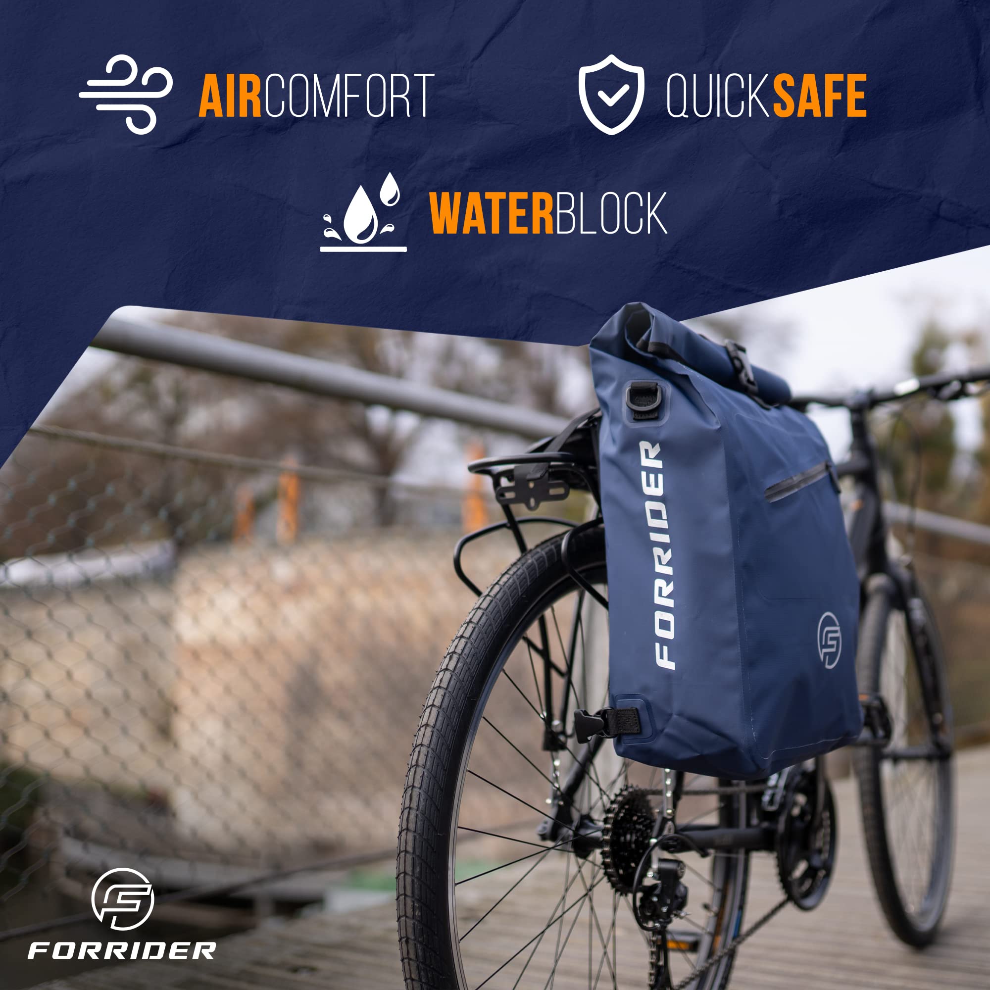 Forrider Borsa da bicicletta 3 in 1 per portapacchi con zaino, impermeabile, 27 l, riflettente, per portapacchi con scomparto per laptop (blu)