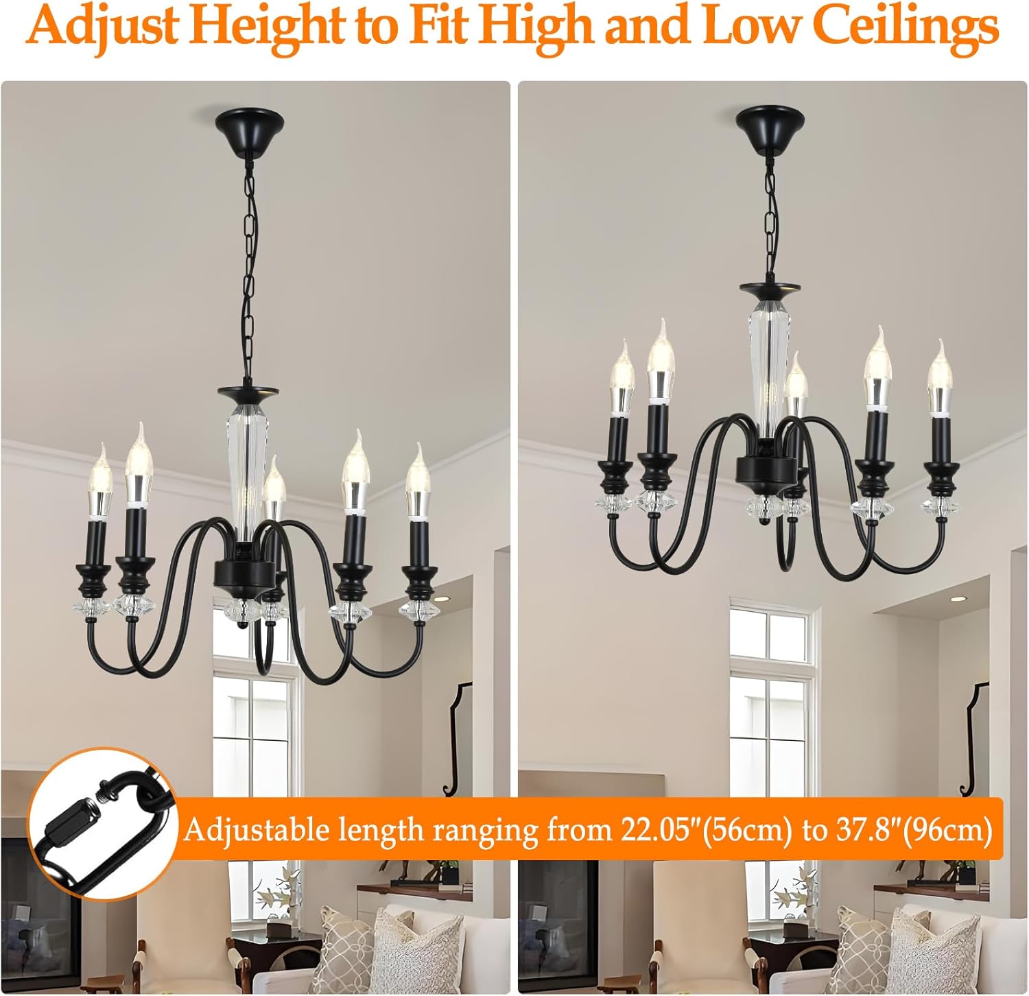 Black Chandelier, 5-Light Farmhouse Candle Chandelier for Living Room, Rustic Industrial Pendant Chandeliers for Dining Room, Vintage Crystal Hanging Light fixture for Hallway Kitchen Foyer E12