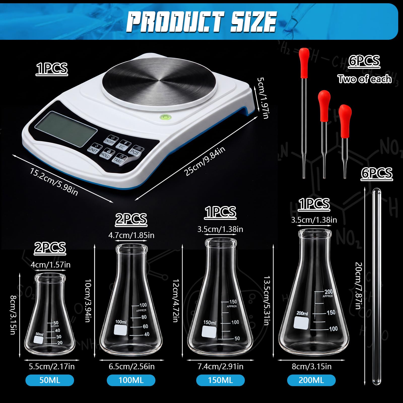 Tellegloww 31-teiliges Laborglaswaage-Set: 1 kg x 0,1 g Digitalwaage, 6 Messzylinder, 6 Becher-Set, 6 Glaspipetten, 6 Rührstäbe, 6 Messbecher für Labor, Wissenschaft, Chemie