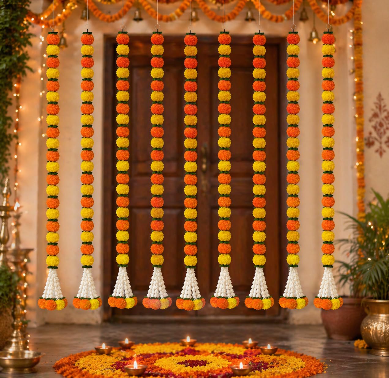 Rajasthan Kraft Artificial Marigold Garland Pack of 5 with Fold Leaves and Tuberose Strings - Yellow & Mango, Size - 65 Inch, Perfect Used for - Home Decor, Festival Decoration, (32501-3)-image-27