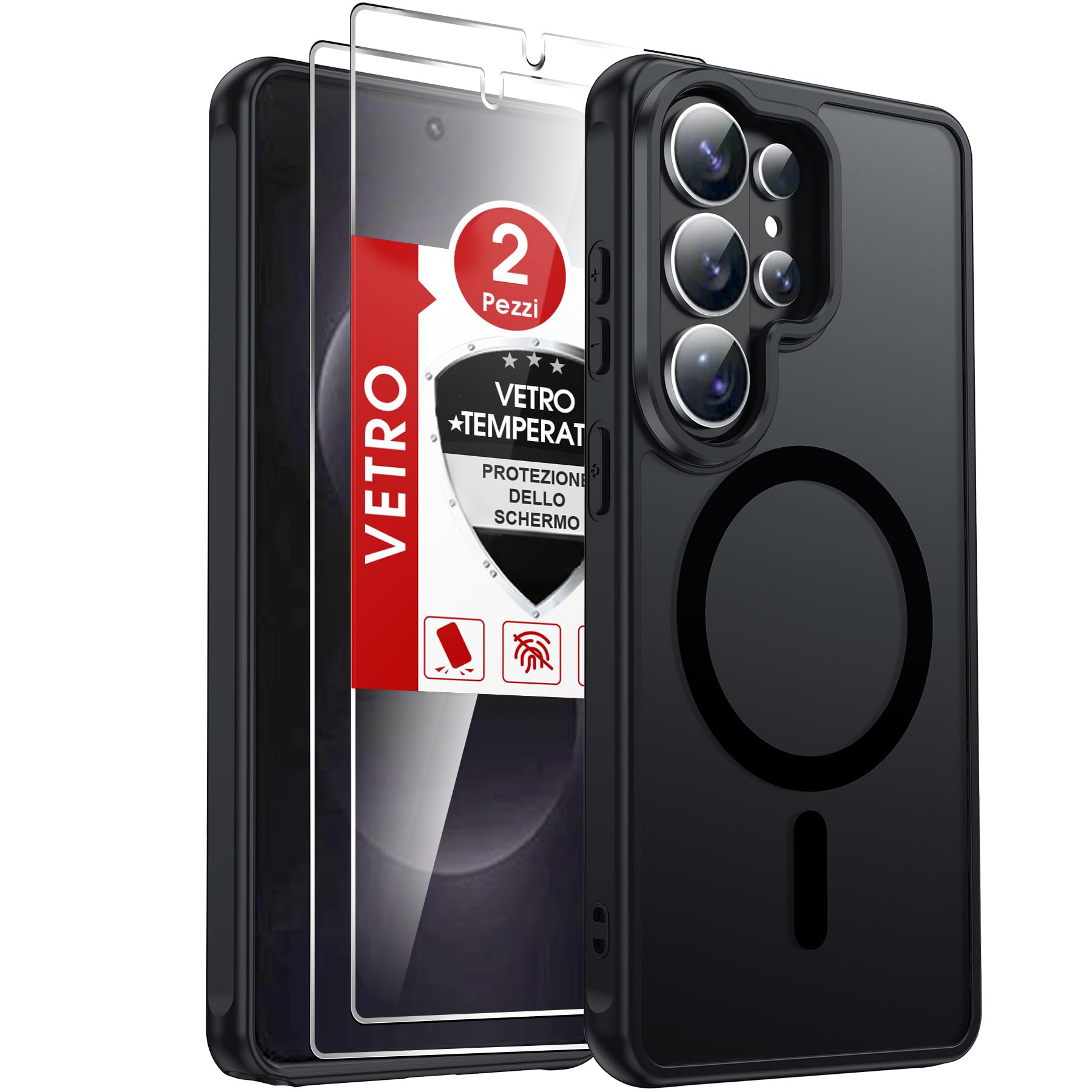 LeYi Cover Magnetica per Samsung S26 Ultra 5G con 2 x Vetro Temperato, Custodia per Samsung S26Ultra Traslucida Opaca Anti-Impronte Resistente ai Graffi Paraurti in TPU Antiurto Protettiva Case, Nero