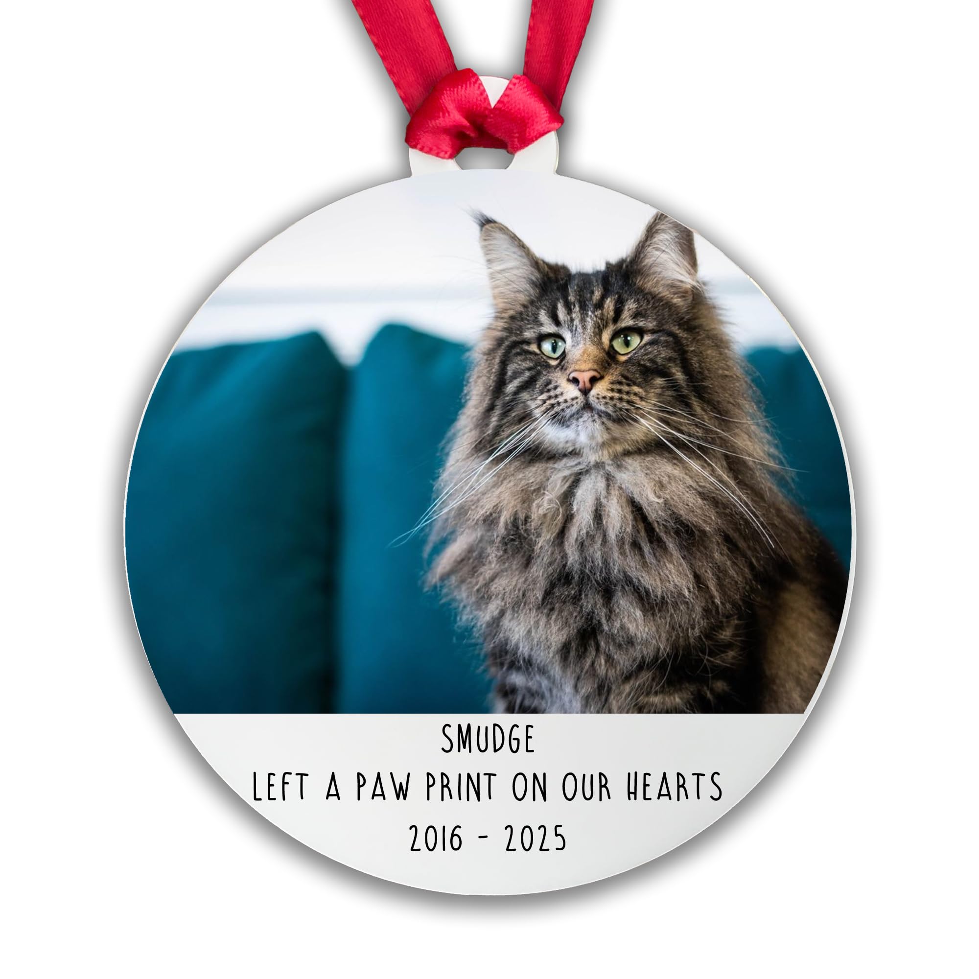 Personalised Cat Memorial Photo Bauble, 'Left a Paw Print on our Hearts' Tree Decoration Pet Xmas