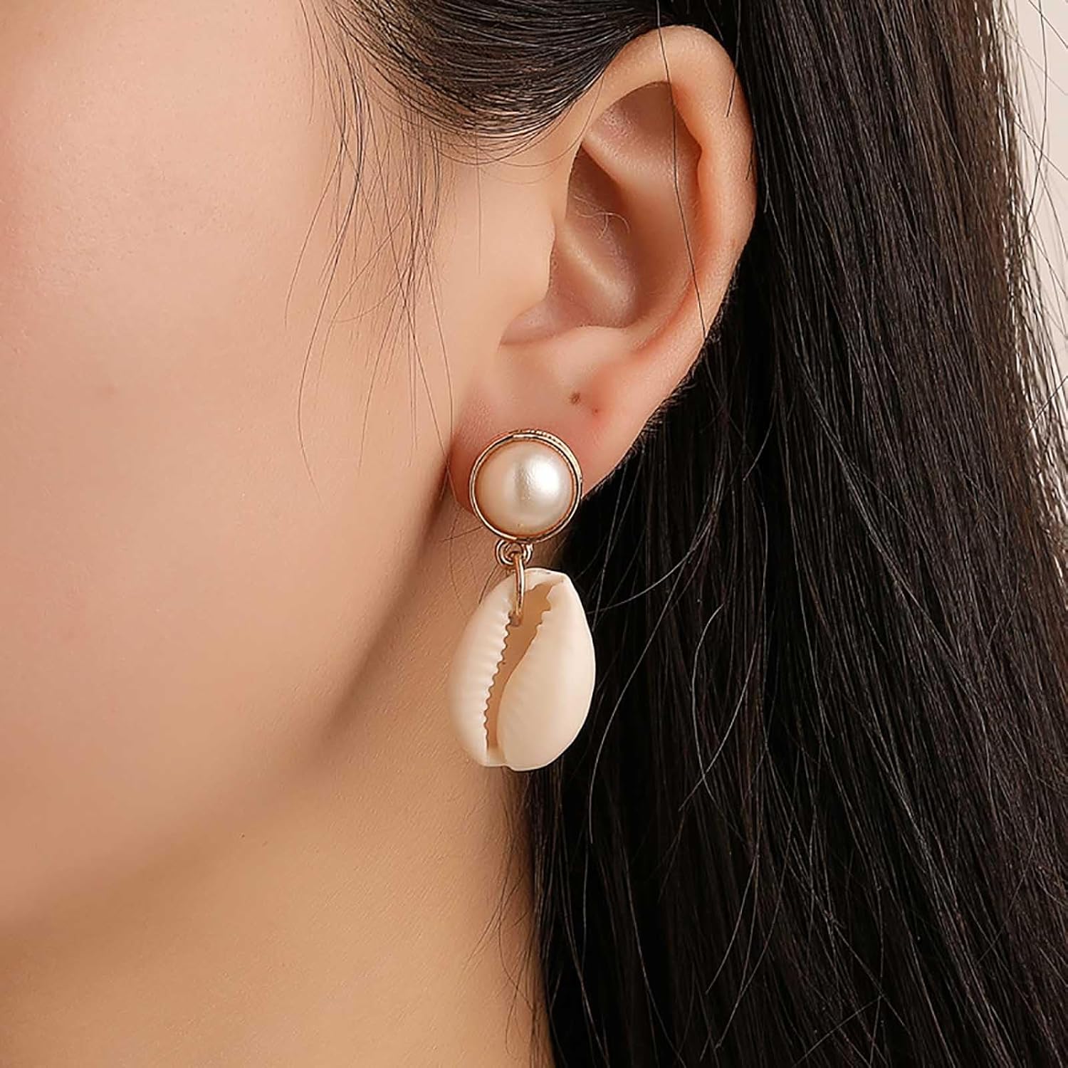 Andelaisi Boho Sea Shell Drop Earrings Gold Cowrie Shell Dangle Earrings Gold Pearl Studs Earrings Vintage Beach Cowrie Earrings Jewelry for Women - Image 2