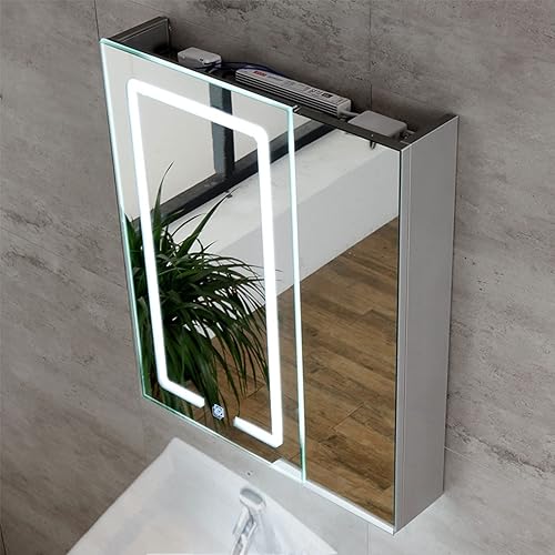 SPXMQSS Armarios de baño con espejo, armario de baño LED con estantes, armario de espejo de baño con luces LED con luz ambiental y espejo plateado