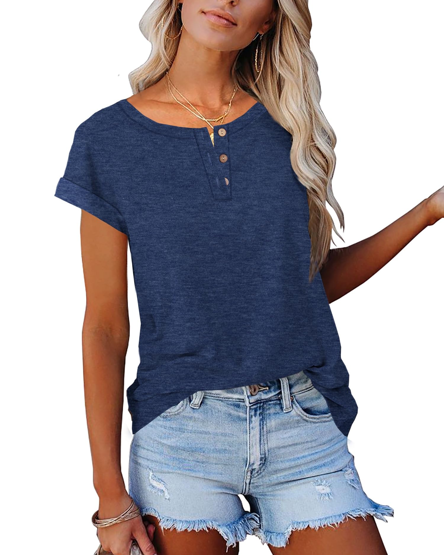 APOFER Women's Casual Short Sleeve T-Shirts Summer Basic Crew Neck Henley Shirts