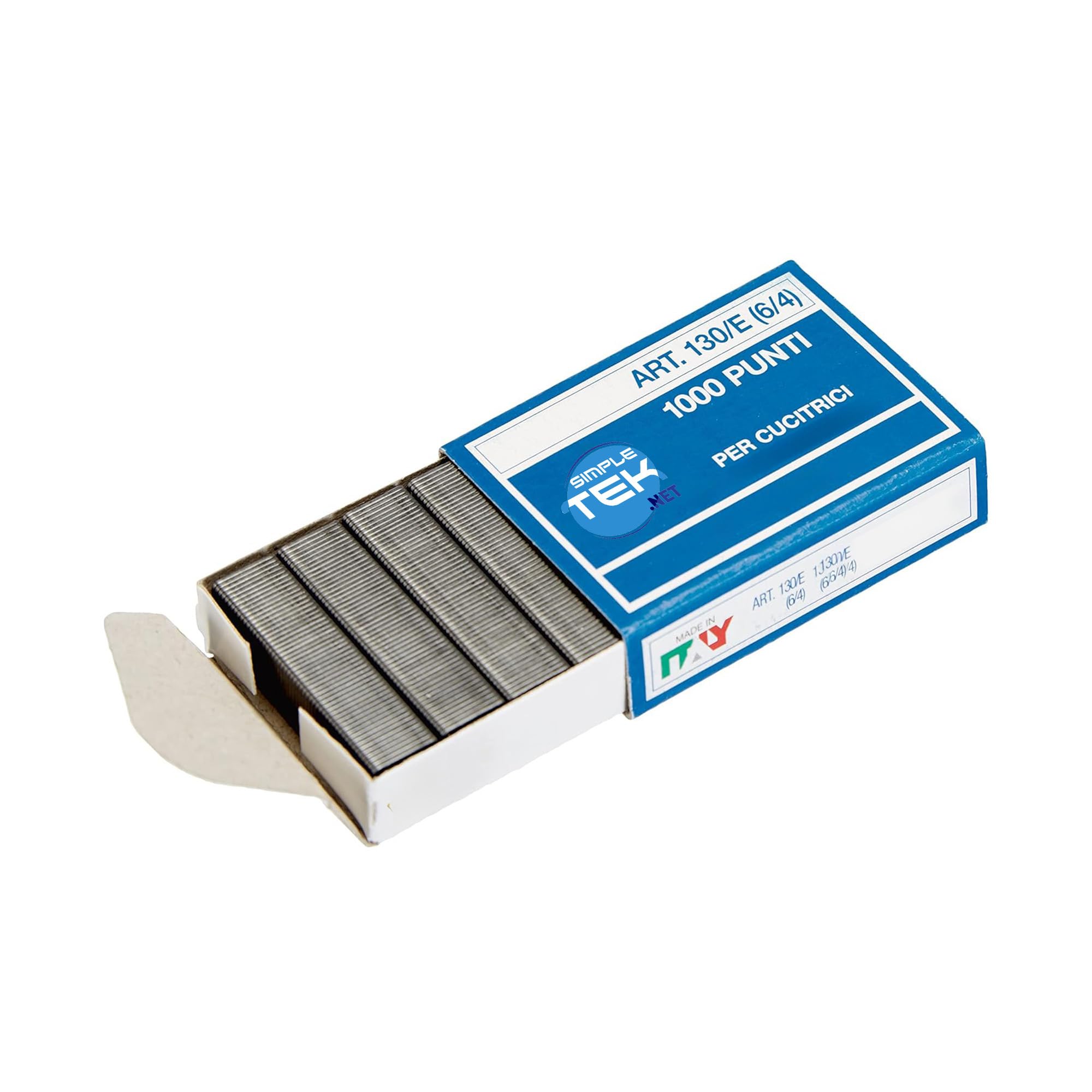 SIMPLETEK - 10000 punti metallici 130/E (6/4) — passo 6 mm, gamba 4 mm — confezione da 10.000 pezzi