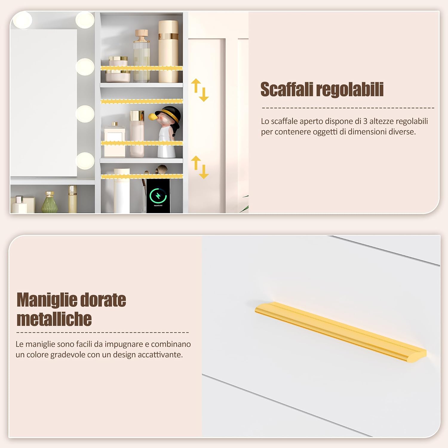 Image showing the adjustable open shelves on the vanity, with arrows indicating height adjustment, and a close-up of the golden metallic handles.