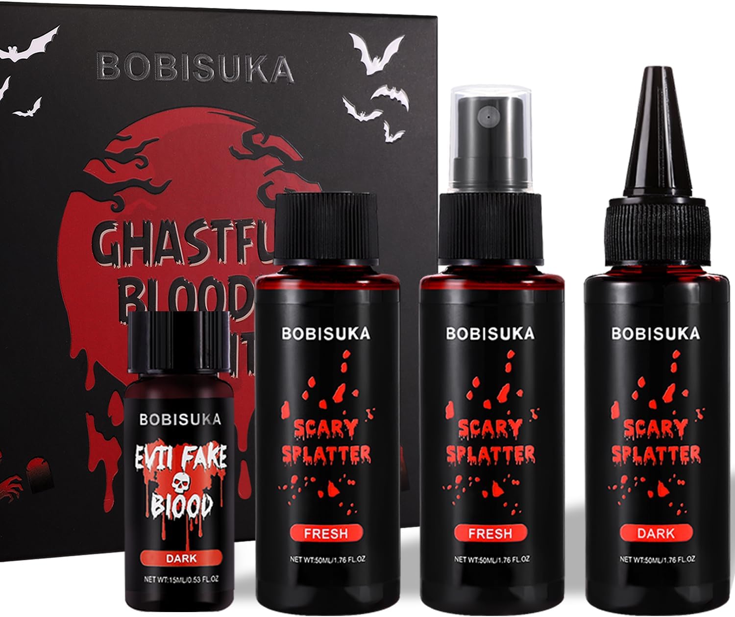 4PCS Halloween Special Effects Fake Blood Makeup Kit - Includes Realistic Coagulated Blood Gel, Fake Blood Spray, Dripping Blood, Stage Blood, for Zombie Vampire Cosplay Party Mouth Clothes