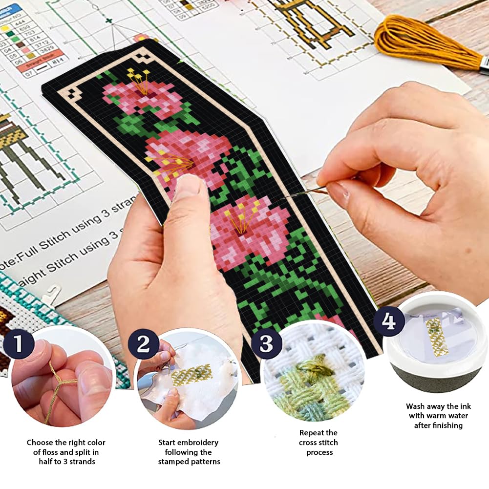 ORIGACH 6 Set Floral and Vine Cross Stitch Bookmark Kit for Beginner with Backing Felt Floss Instructions DIY Stamped Embroidery Bookmark Kit for Adults Book Lovers - Image 4