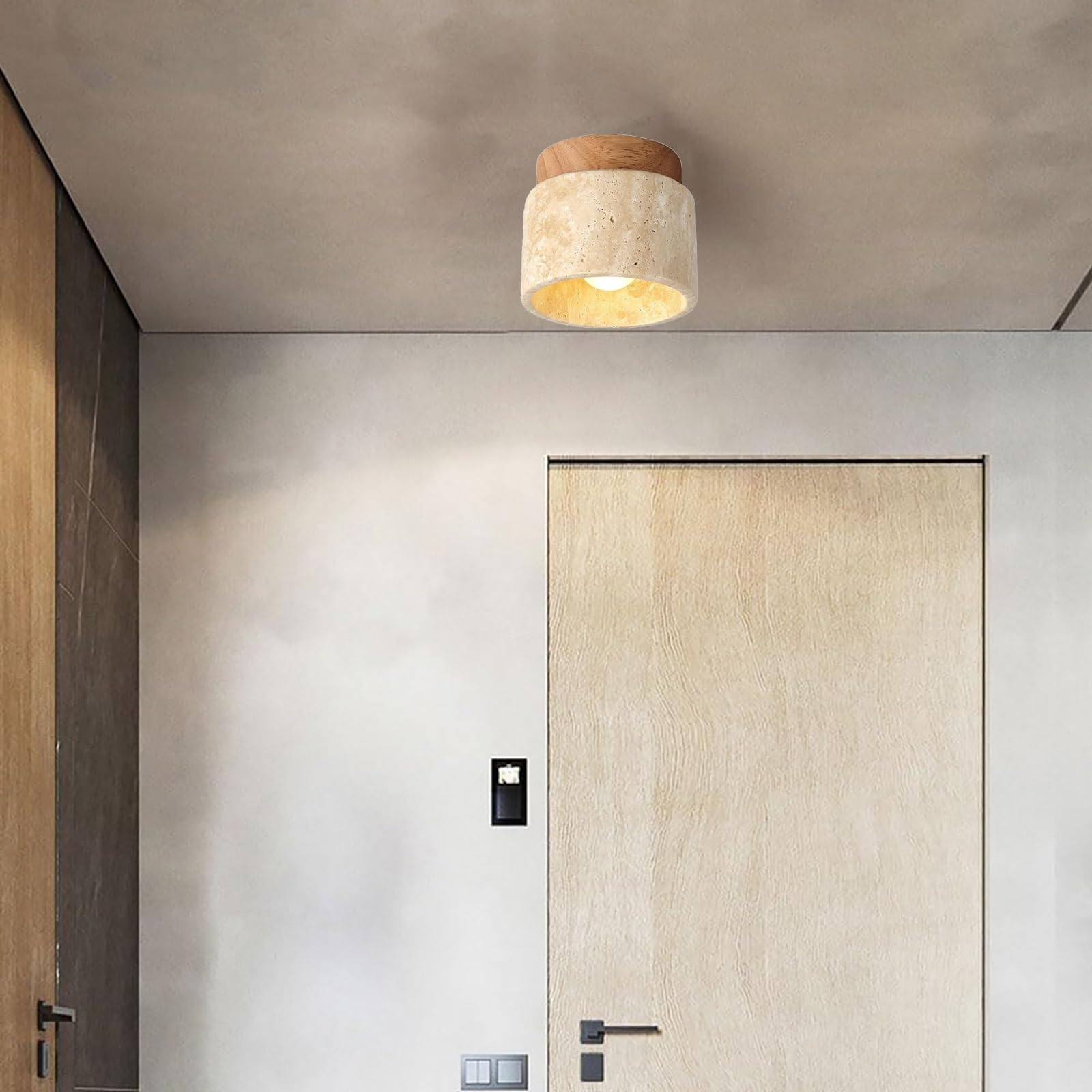Lampa sufitowa Vintage Kreatywność, Trawertyn Żółty Naturalny Abażur Lampa sufitowa Drewno Wiszące Do Salonu Kuchnia Korytarz Sypialnia