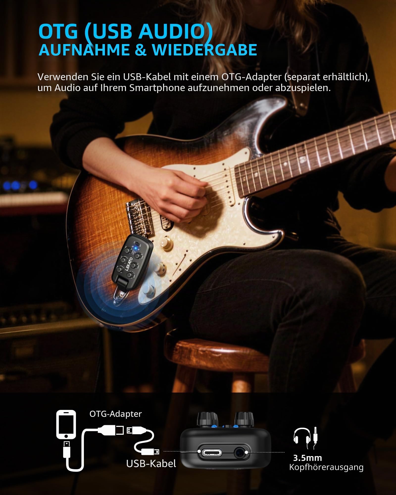 LEKATO Gitarren-Kopfhörerverstärker, Tragbarer Plug-in-Übungsverstärker für E-Gitarre/Bass, 9 Amp-Modelle/6 Effekte, Bluetooth, 180° Stecker, OTG-Funktion, Anfänger wiederaufladbarer Taschenverstärker