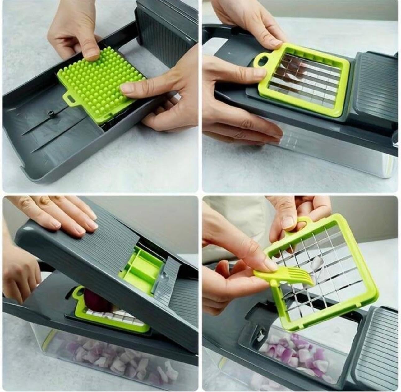 Vegetable Chopper with Container, Multifunctional Mandoline Slicer, 8 Interchangeable Stainless Steel Blades, Onion Chopper with Peeler, Black and Green