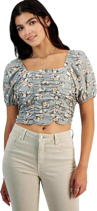 Celebrity Pink Womens Puff-Sleeve Smocked Crop Top Blouse, Green, Juniors, Small