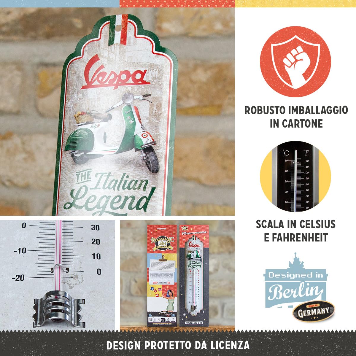 Nostalgic-Art Termometro Analogico Da Interno 'Vespa - Italian Legend' - Design Retrò In Metallo, 6,5x28 Cm - 2