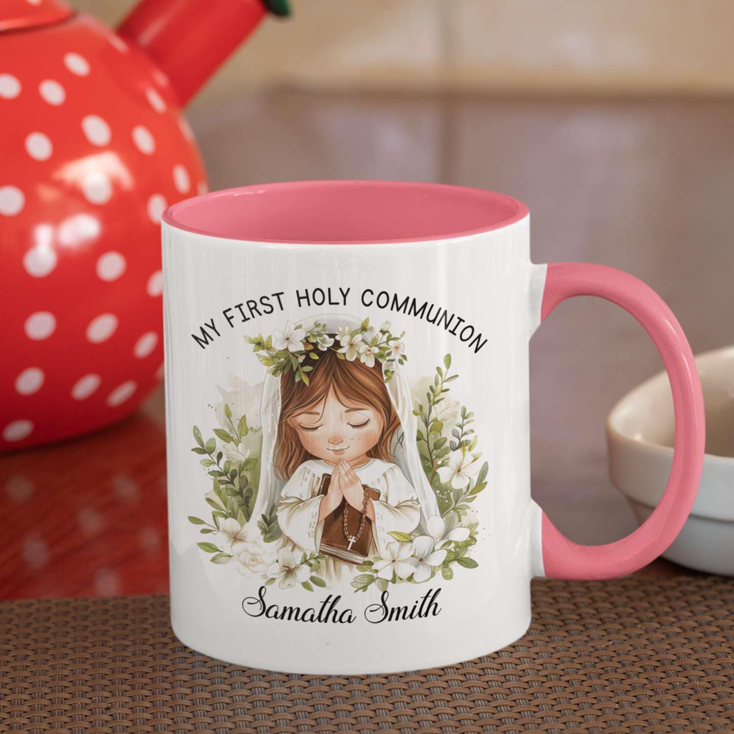 Custom First Holy Communion Mug - Personalized Ceramic Coffee Cup With Girl In Prayer Design, 11oz Or 15oz