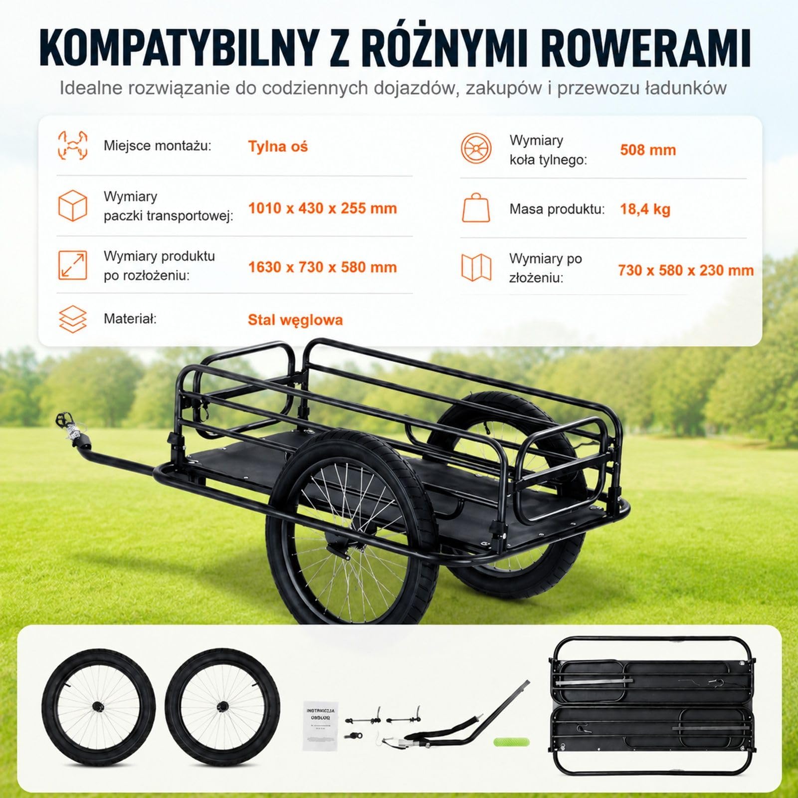 Przyczepka rowerowa 125 kg, składany wózek transportowy z szybkozamykaczem, uniwersalnym zaczepem i ramą ze stali węglowej