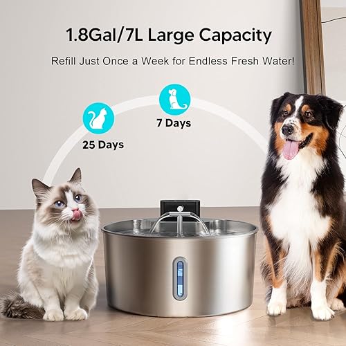 Miniatura 7 de Voluas Fuente de agua para perros, dispensador automático de agua para perros, fuentes inalámbricas de acero inoxidable para mascotas de 236 oz1.8