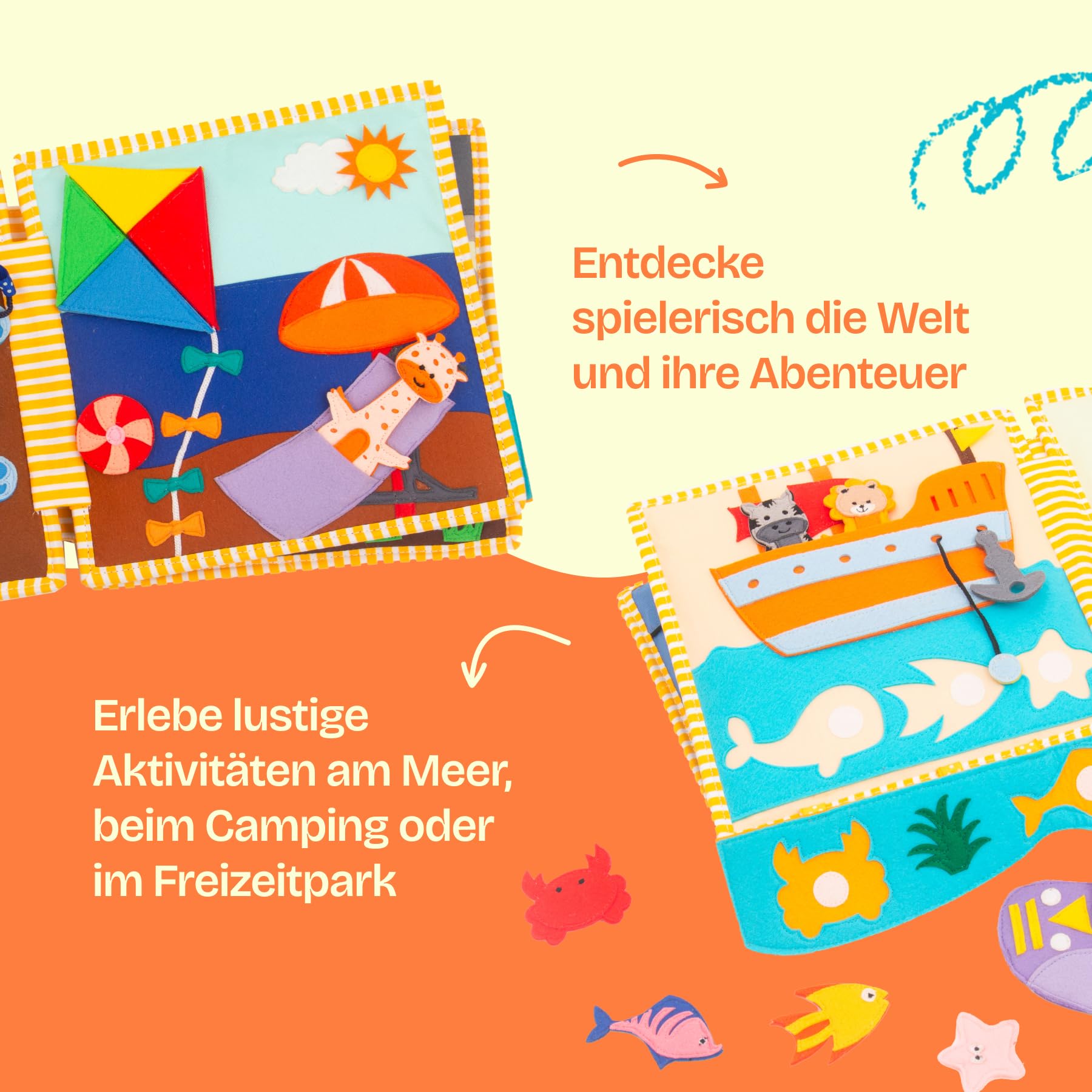 Jolly Designs – Globetrotter - 6 Seiten Quiet Book – Montessori Spielzeug ab 2 Jahren – Motorik & Sensorik fördern – Handgefertigtes Filzbuch – Lernspielzeug für Kleinkinder – Busy Book für unterwegs