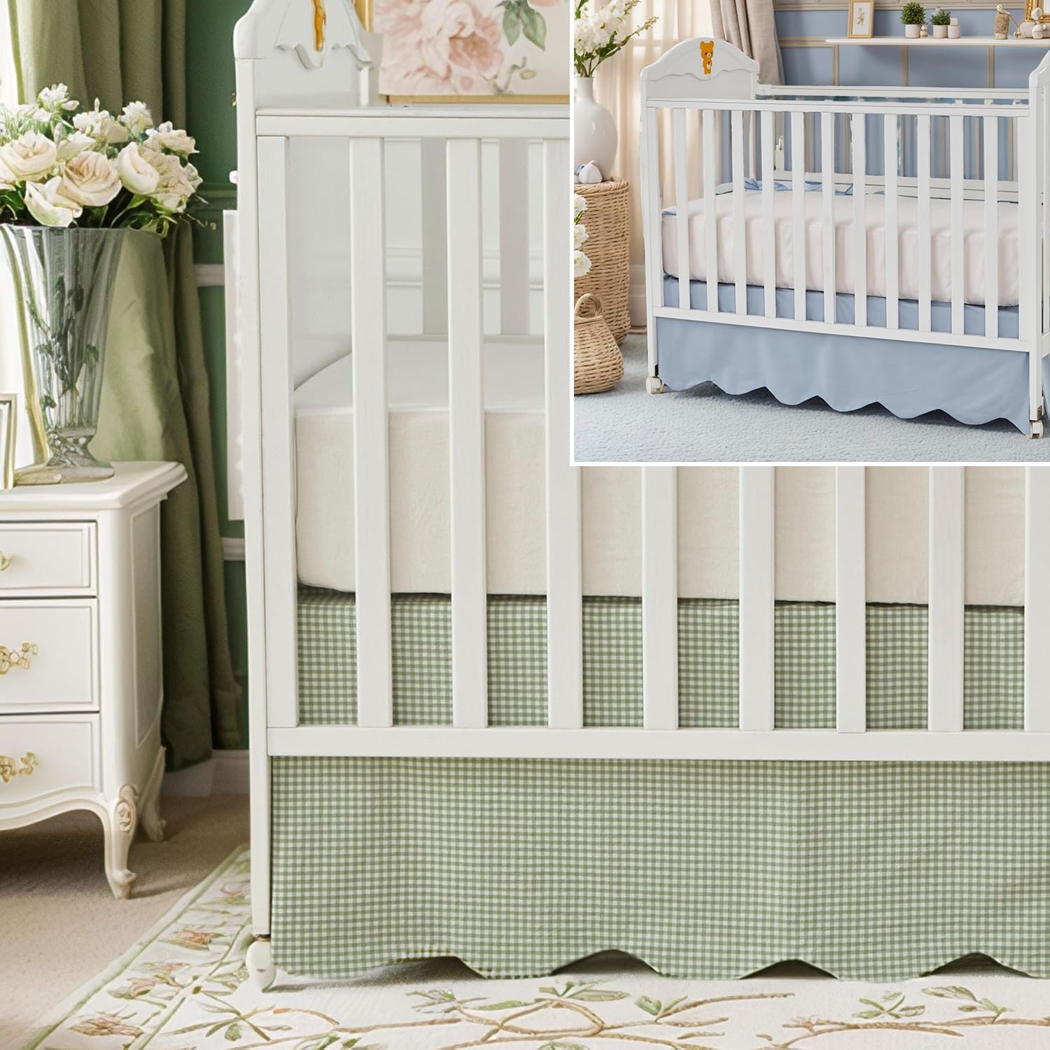 Brandream 2 Packs Crib Bed Skirt Scallop Edge Cotton Crib Skirt Boho Bohemian Solid Green Gingham Solid Mist Blue