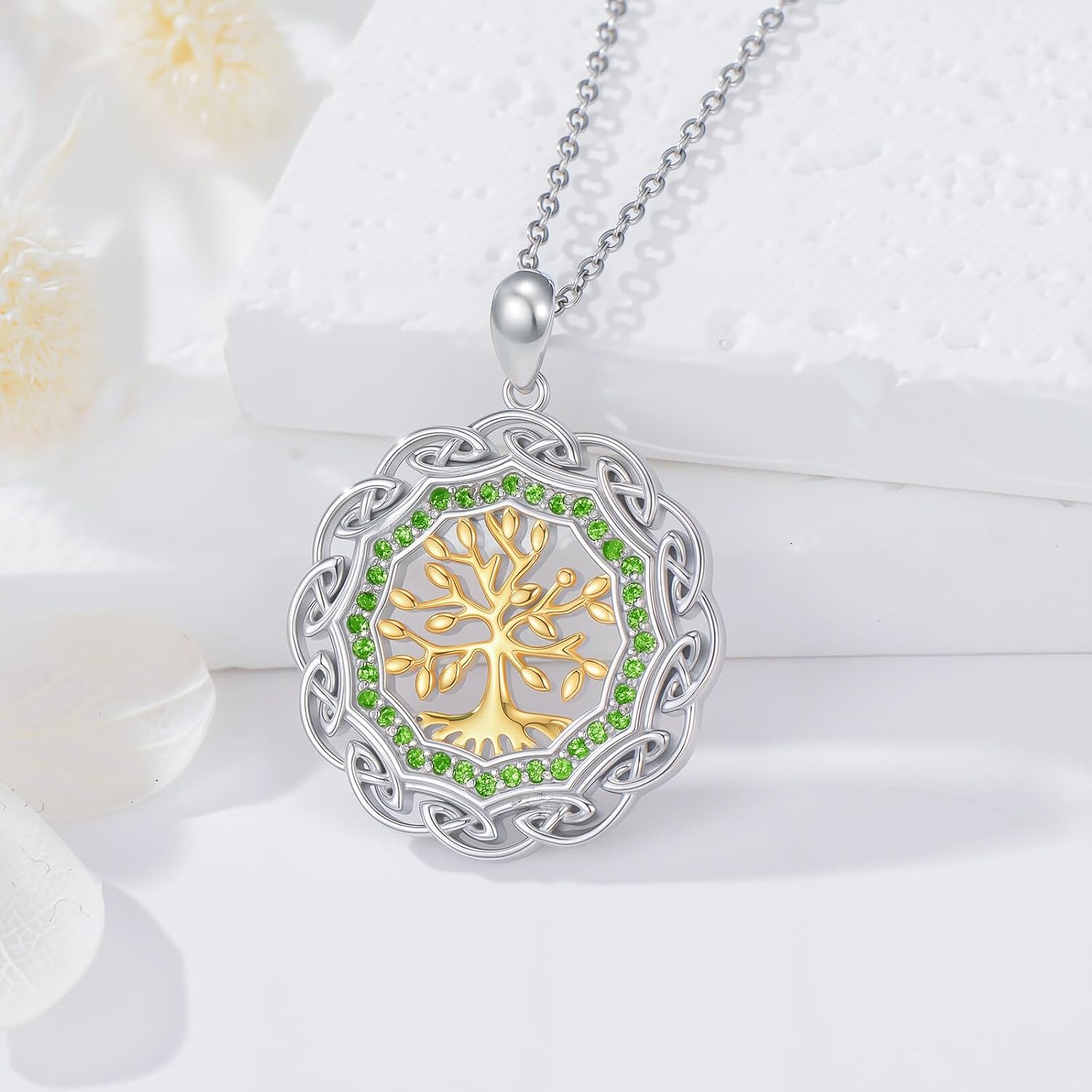 Sterling Silver Birthstone Celtic Tree of Life Necklace, 18K Gold Plated Colored Gemstone Tree of Life Pendant Two-Tone Necklaces Jewelry Birthday Gifts for Women 18" - 20" - Image 3