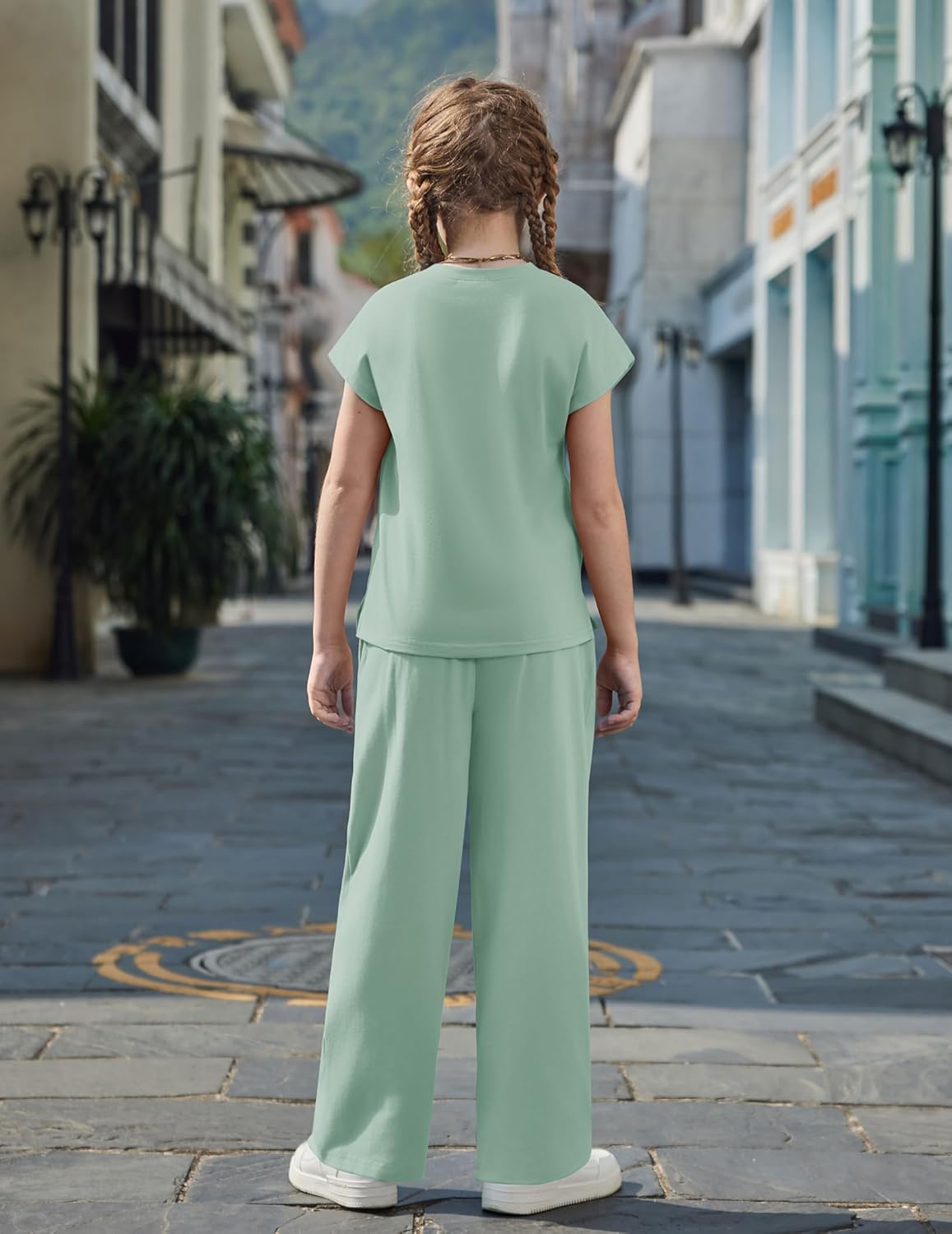 Arshiner Girls 2 Piece Outfits Summer Clothes Short Sleeve Crewneck Tops Wide Leg Pants Trendy Clothing Sets - Image 5