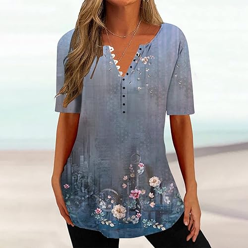 Miniatura 2 de Camisas de verano para mujer, estampado con cuello en V, manga corta, estampado floral, camisetas relajadas, atléticas, ropa cómoda