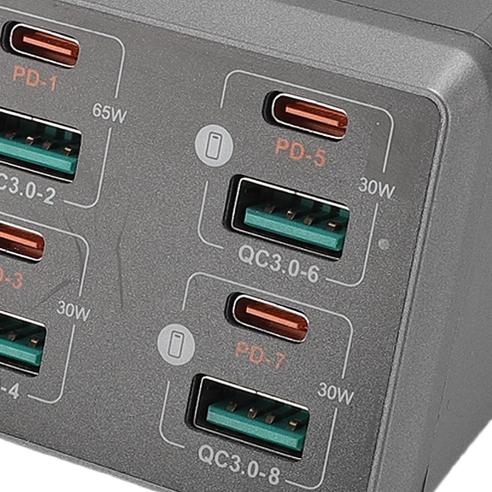 Fockety Stazione di ricarica USB, stazione di ricarica da tavolo a 8 porte da 140W con caricatore wireless, supporta la ricarica di 9 dispositivi contemporaneamente, per telefoni, (Spina europea)