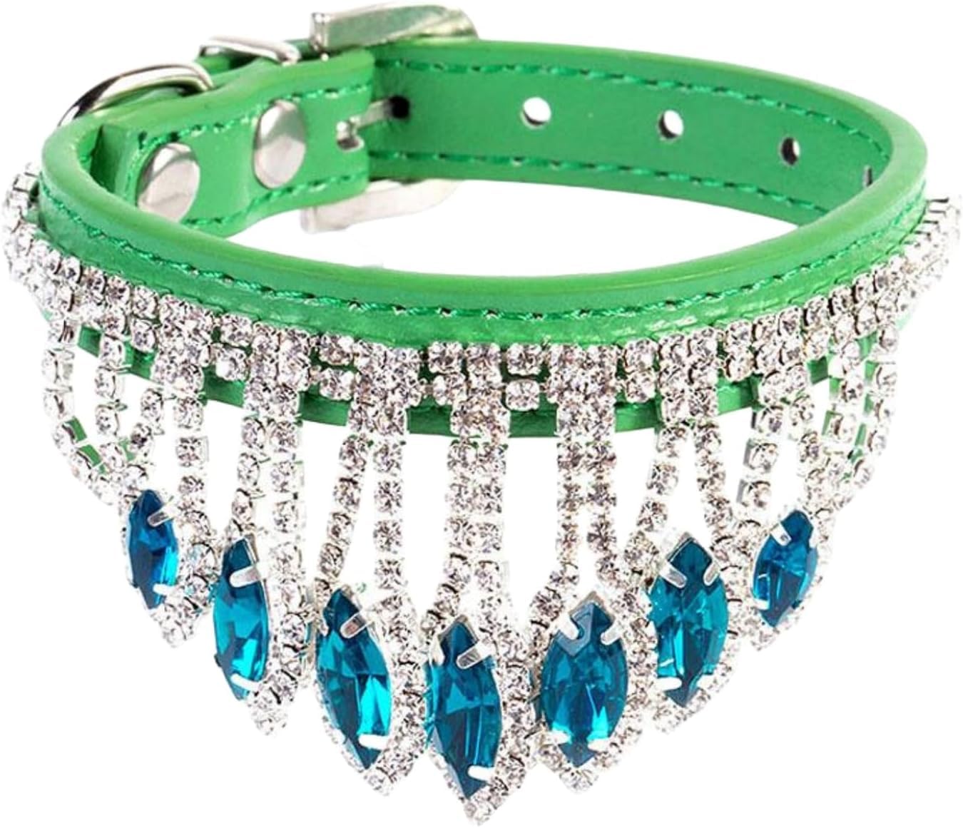 Collier de chien confortable en cuir PU vert serti de strass brillants S