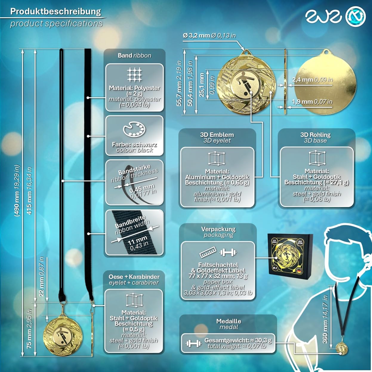 eve-nt Fußball Medaillen Set - 10/20/30/50/100 Stück - Durchmesser 50 mm goldfarben - Metall Medaillen mit schwarzem Band - Sieger Auszeichnung für Fußballturniere & Sport