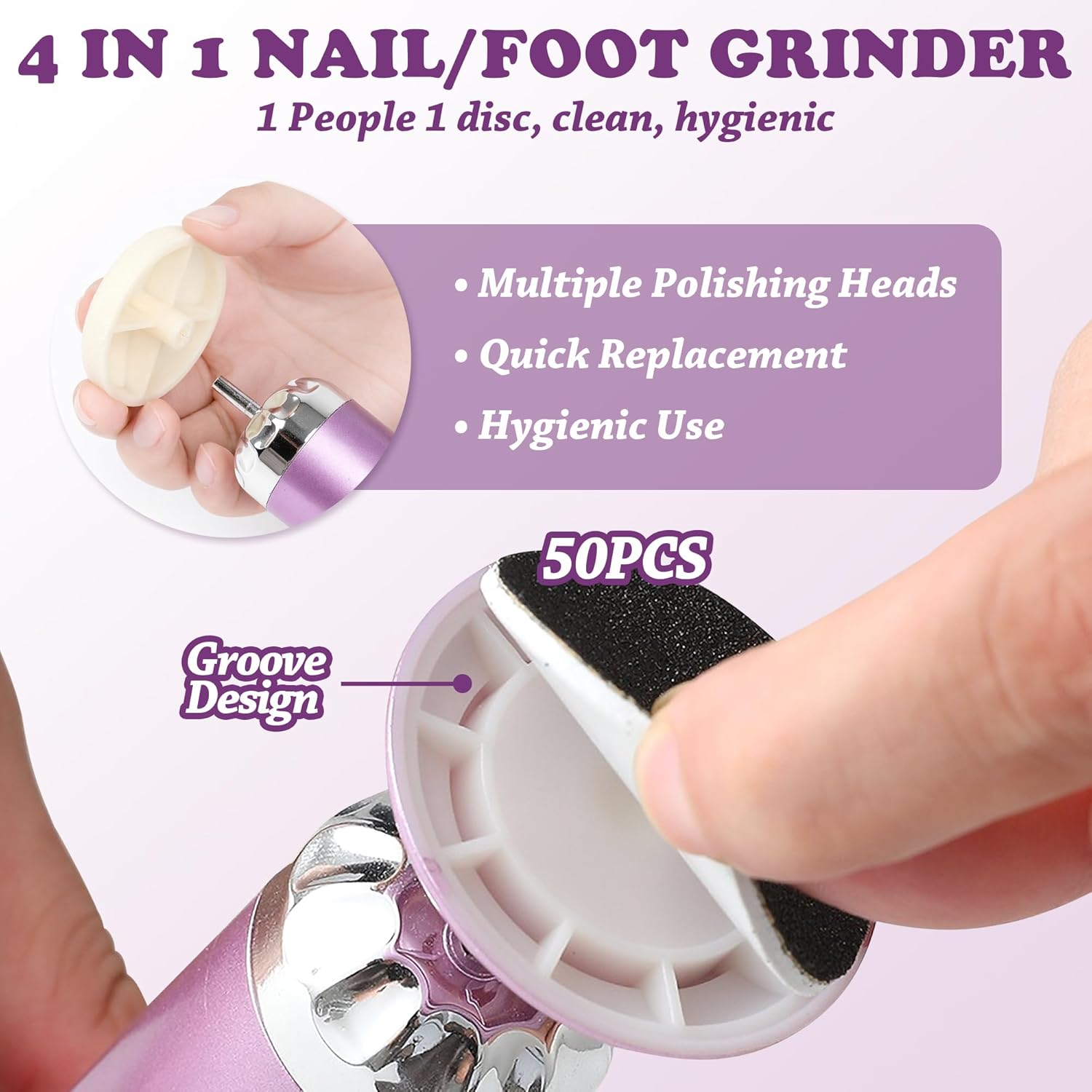 Electric Foot Callus Remover – 50pcs Replacement Sandpaper Discs, 2000mAh Battery, 3 Replacement Heads & 5 Speeds, Cordless Rechargeable Pedicure Tool for Cracked Heels & Dead Skin Care (Purple)