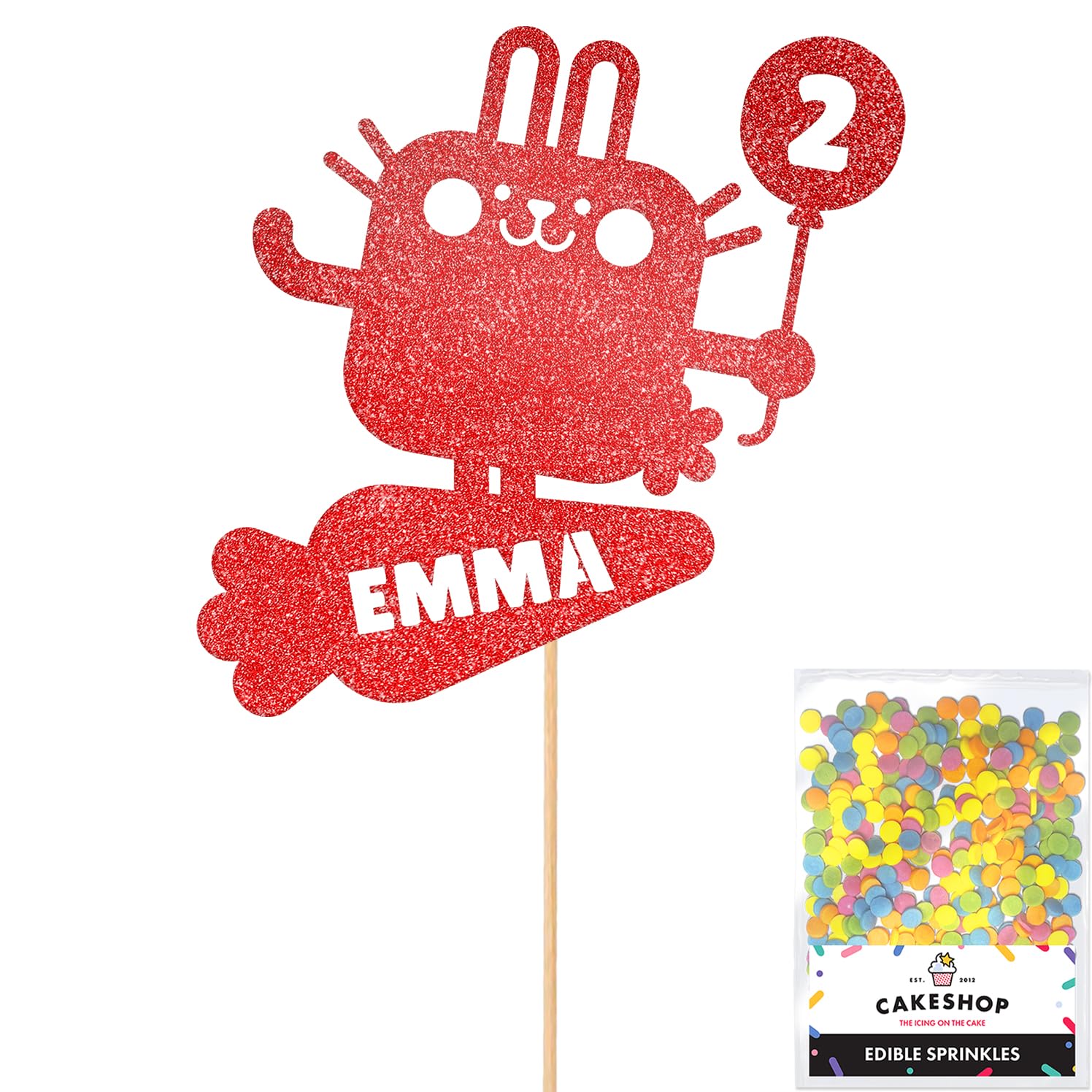 Personalised Pet Bunny Rabbit Glitter Cake Topper- Red Any Custom Age & Name Glitter Cake Decoration and Sprinkles - Happy Birthday Decorations - Personalised Toppers for Cakes by Cakeshop — image 1