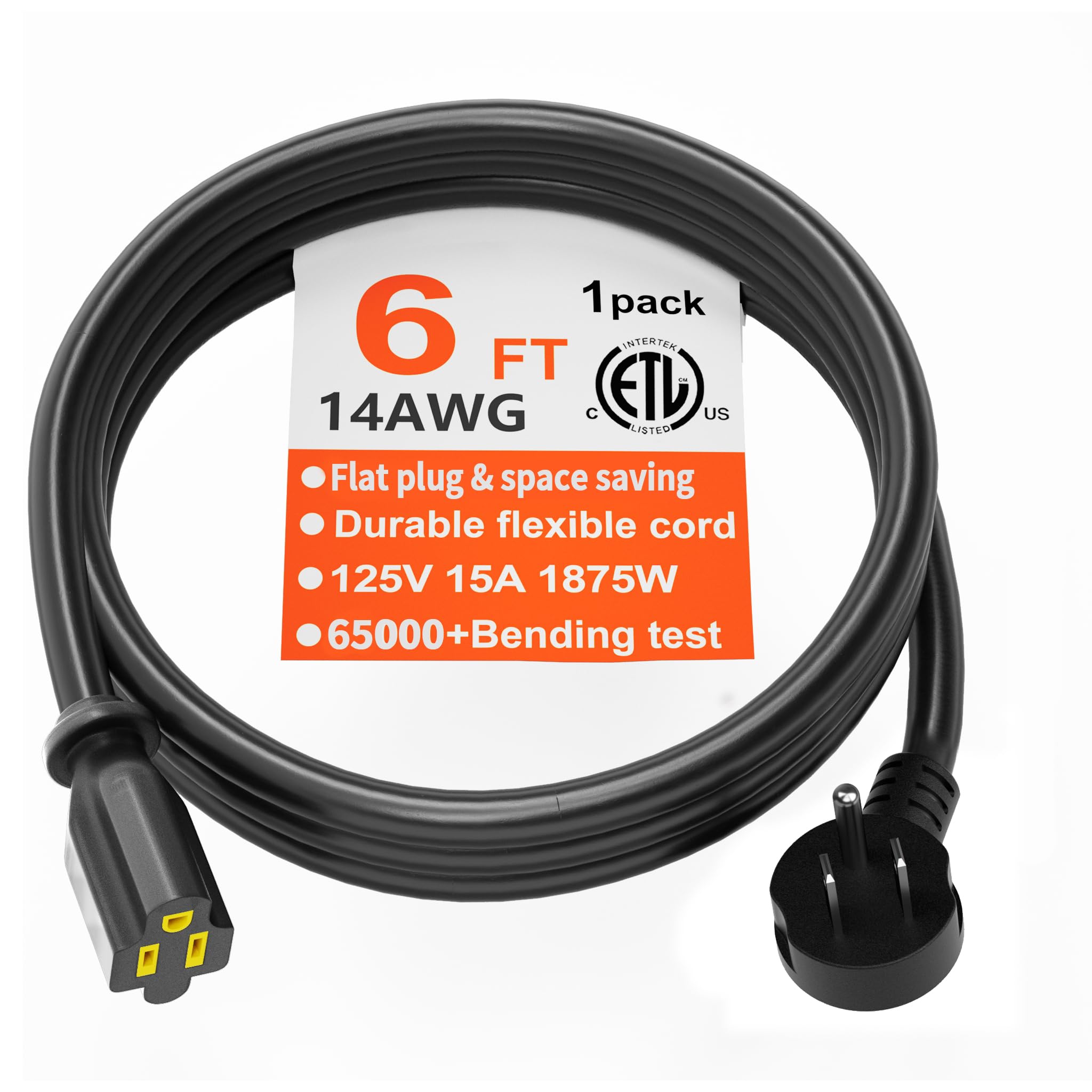 HUANCHAIN 14 Gauge 6 Feet Flat Plug Extension Cord Black Indoor Outdoor Heavy Duty 3 Prong Grounded Low