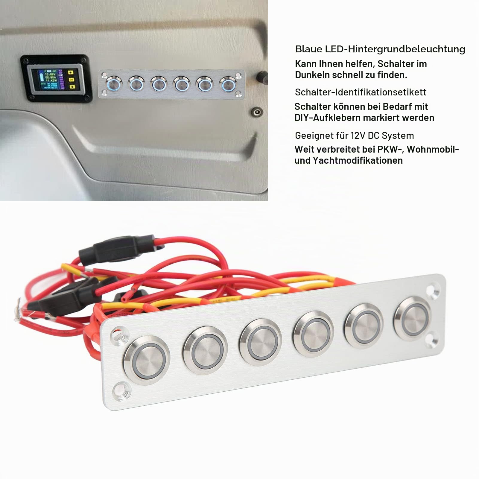 Marine-Schalttafel für Boote, Autos, Wohnmobile, Yachten, 12-V-Gleichstromsystem, 6-facher Druckknopfschalter, blaue Hintergrundbeleuchtung, Ersatzschalter für elektrische Systeme