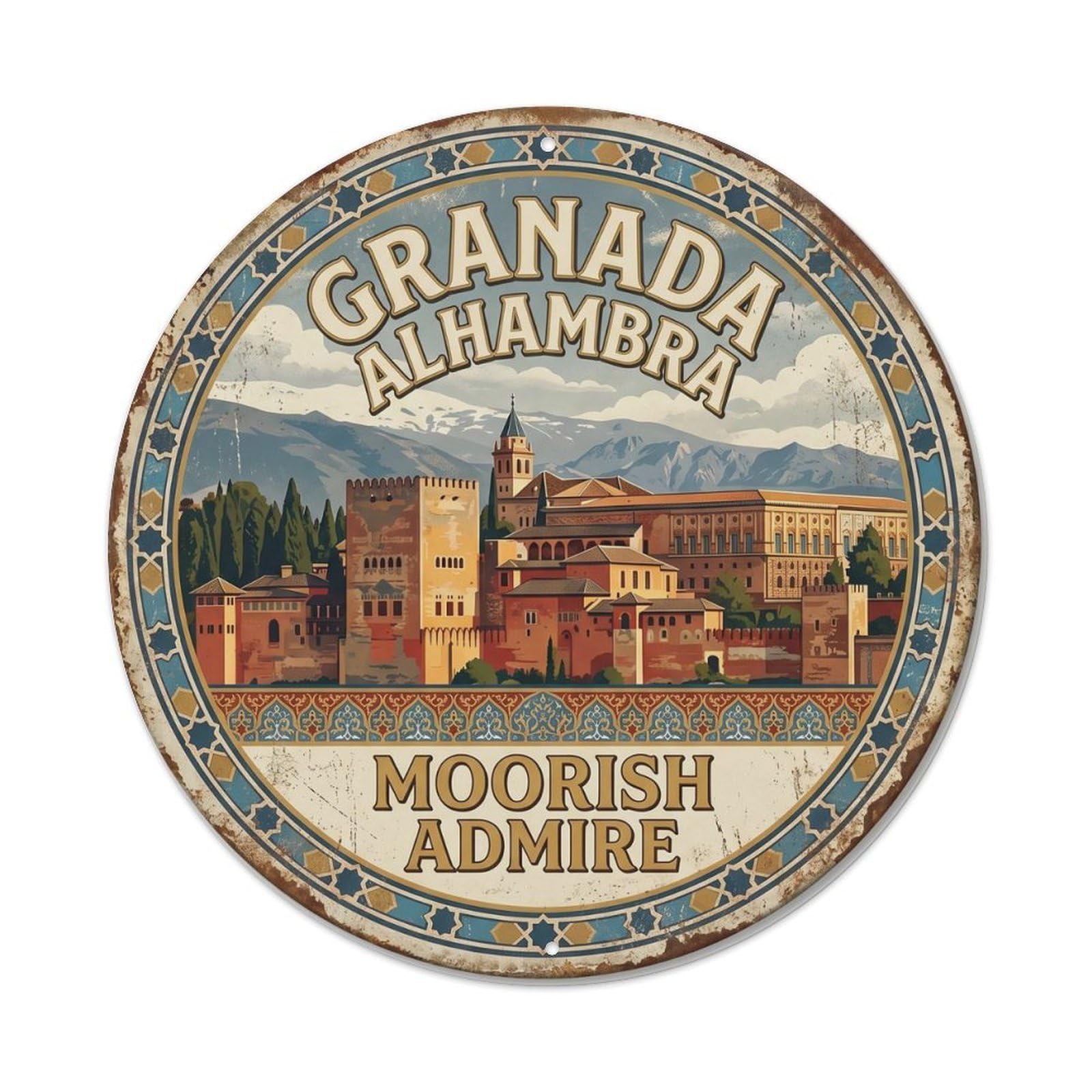 Alhambra Moorish Admire Granada Landmark Metal Tin Sign Plaque Wall Decor for Cafe, Club, Garden Round Metal Poster 8x8Inch