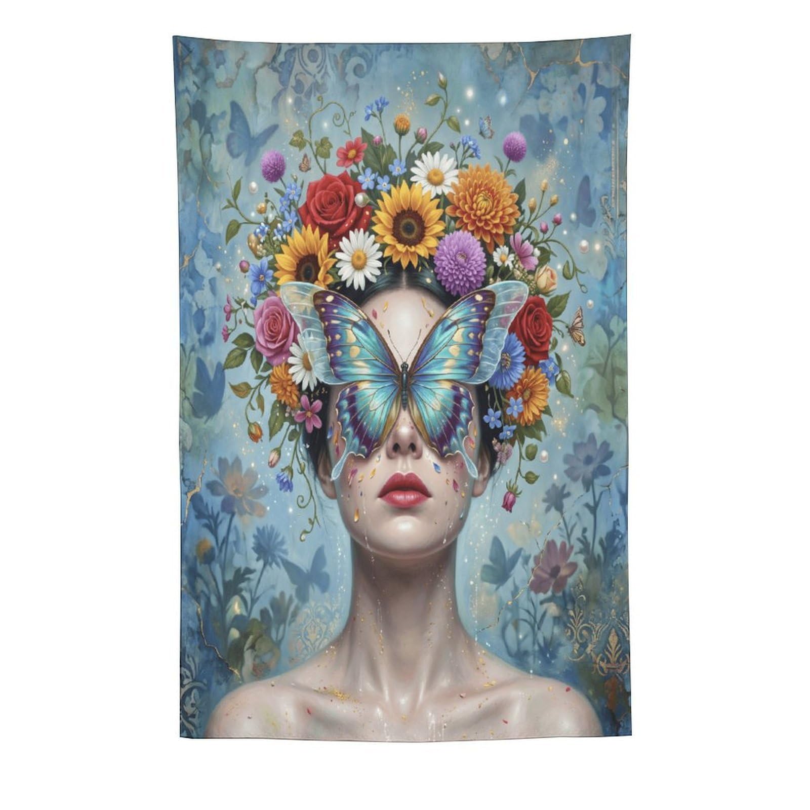 H3B8U2Y5 Butterfly Woman Flower Crown Wall Tapestry, Botanical Surrealism