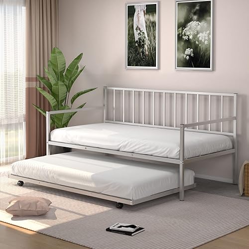 Miniatura 15 de Giantex Sofá cama individual con nido, sofá cama de metal tamaño individual con nido extraíble con 4 ruedas, sofá cama con soporte de listones de