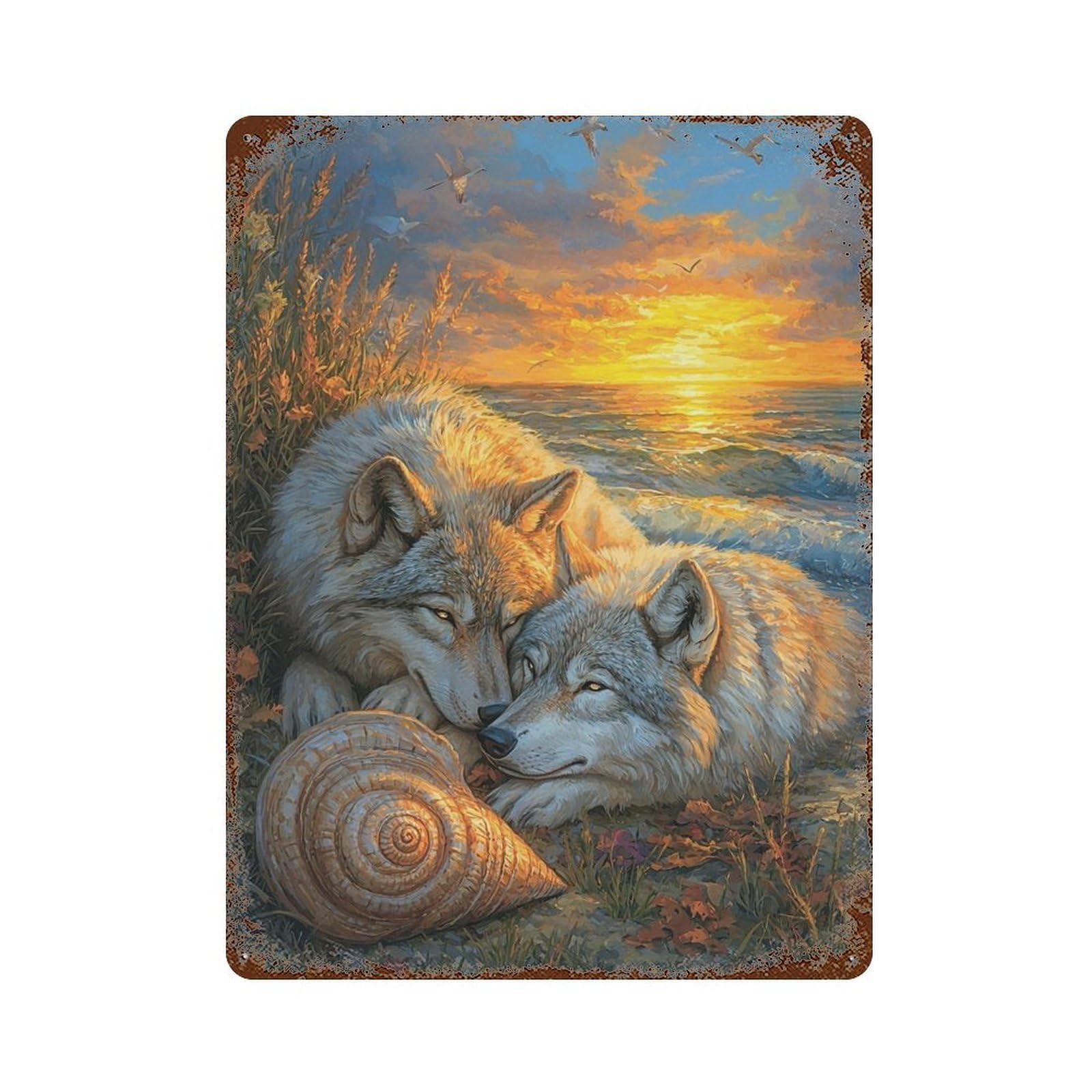 Wolves at Sunset 15.7"x11.8" Weathered Tin Sign, Shabby Chic Decor for Farmhouse, Kitchen And Entryway Decor