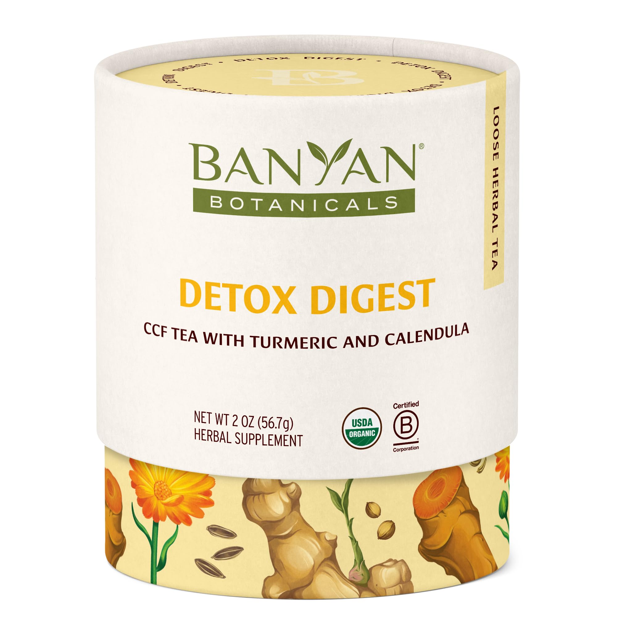 Banyan Botanicals Organic Detox Digest CCF Tea, 2 oz - Herbal Loose Leaf Tea with Turmeric & Ginger for Digestion & Cleansing - Non-GMO, Sustainably Sourced, Caffeine FreeUSDA Organic