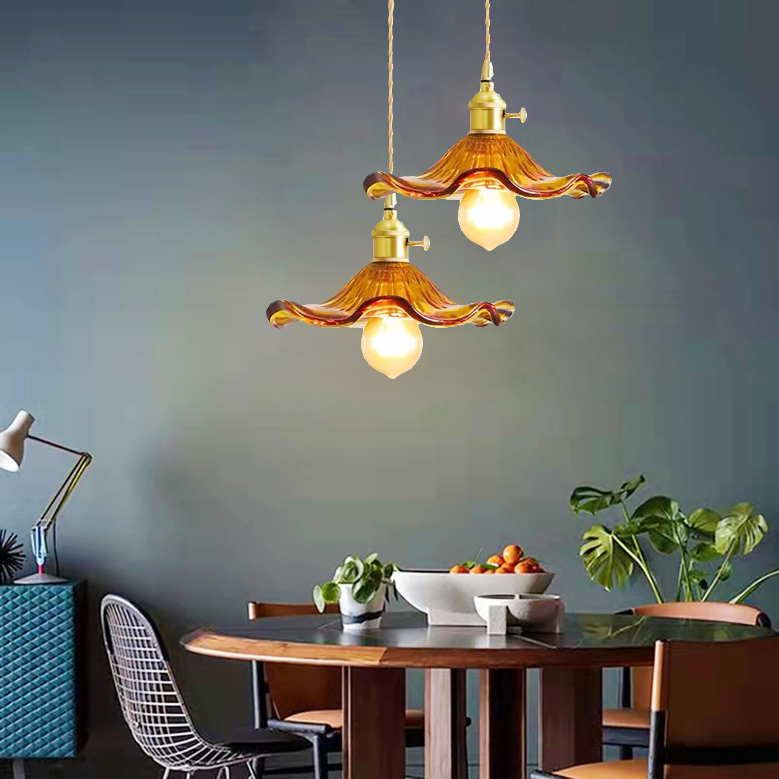 Suspension avec abat-jour en verre en forme de feuille de lotus, style industriel vintage E27, lampe suspendue de plafond, ferme, salle à manger, îlot de cuisine, lustre (Ambre)