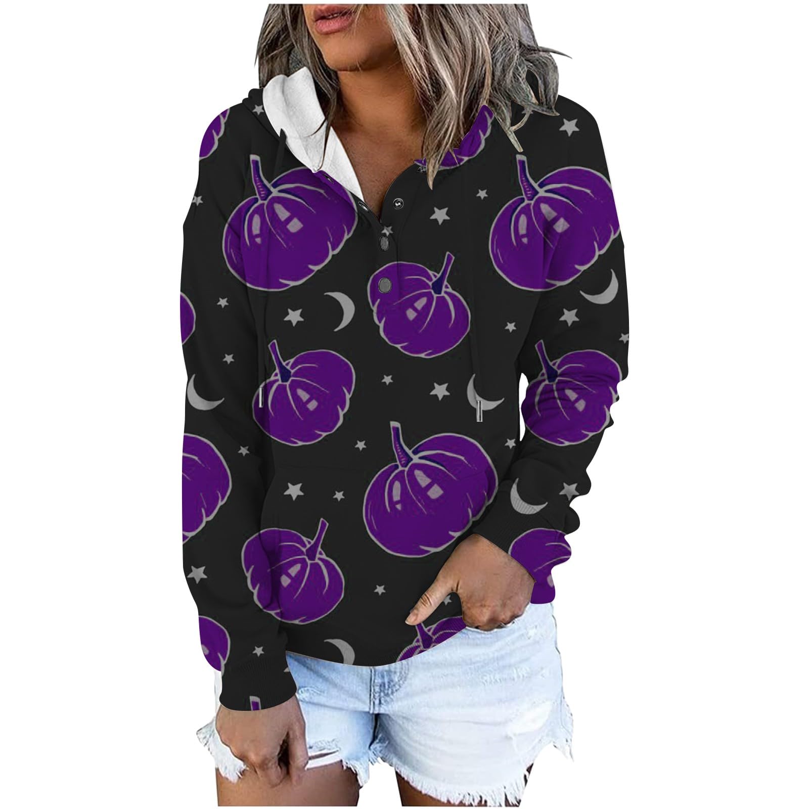 Gergeos Womens Hooded Sweatshirt Halloween Pumpkin Print Fashion Casual Long Sleeve Button Drawstring Hoodie