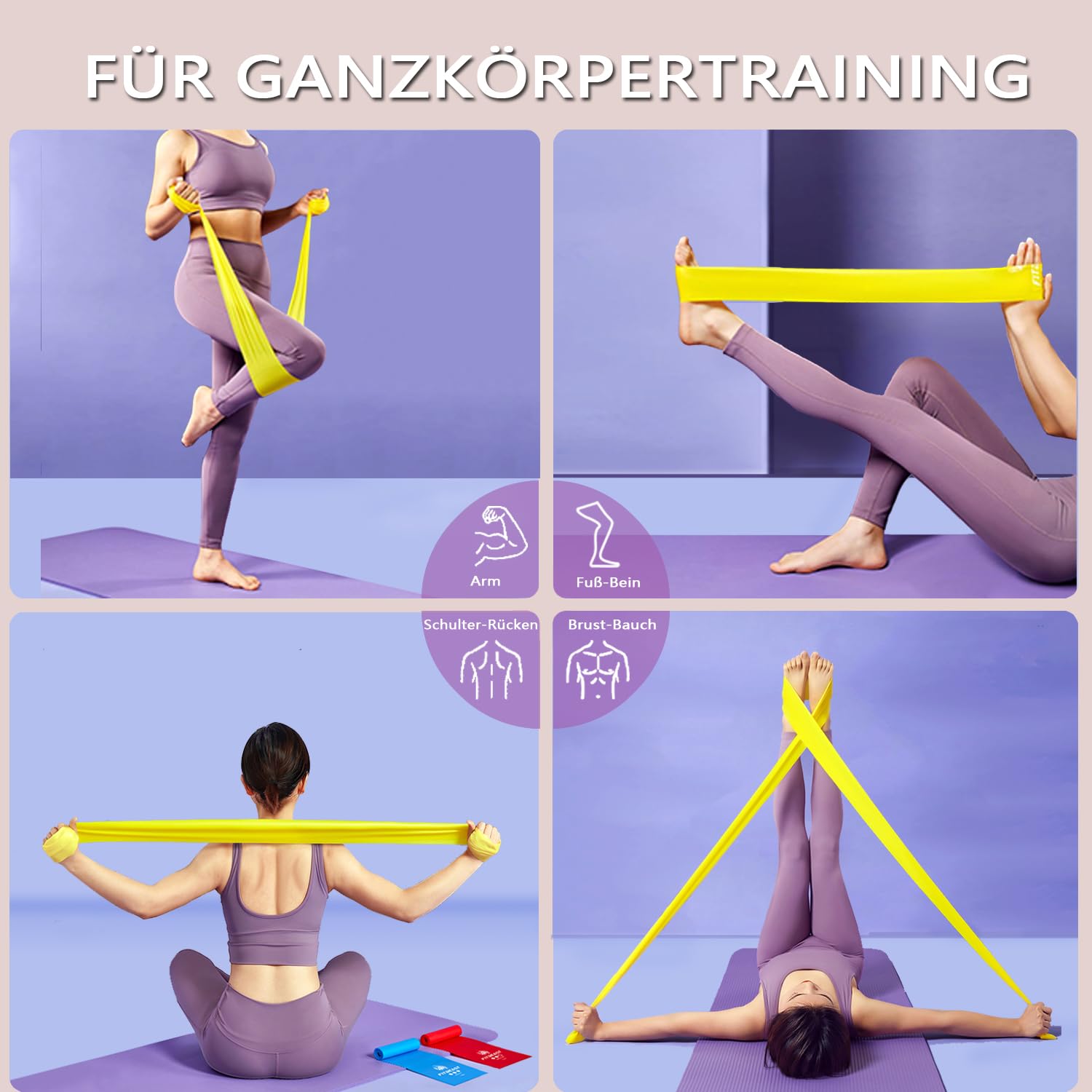 FitBeast Set di 4 fasce terrestri da 1.5 m, con 4 fasce da ginnastica, con borsa per il trasporto e istruzioni per l'esercizio, fascia per fitness, pilates, yoga, allenamento con