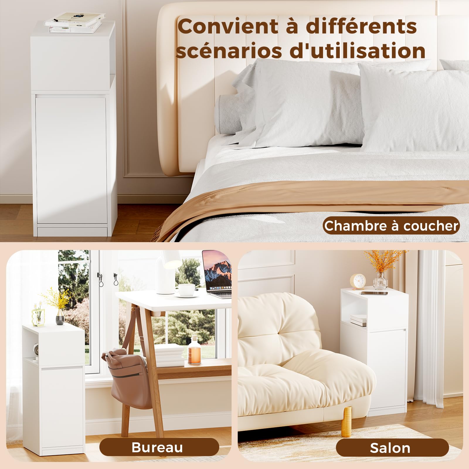 BEWISHOME Table de Chevet Étroite Lot de 2,Table d'Appoint,1 Port | Compartiment Ouvert,3 Étagères Réglables en Hauteur,65 x 25 x 30 cm,pour Chambre à Coucher et Salon,Blanc EFCG13W