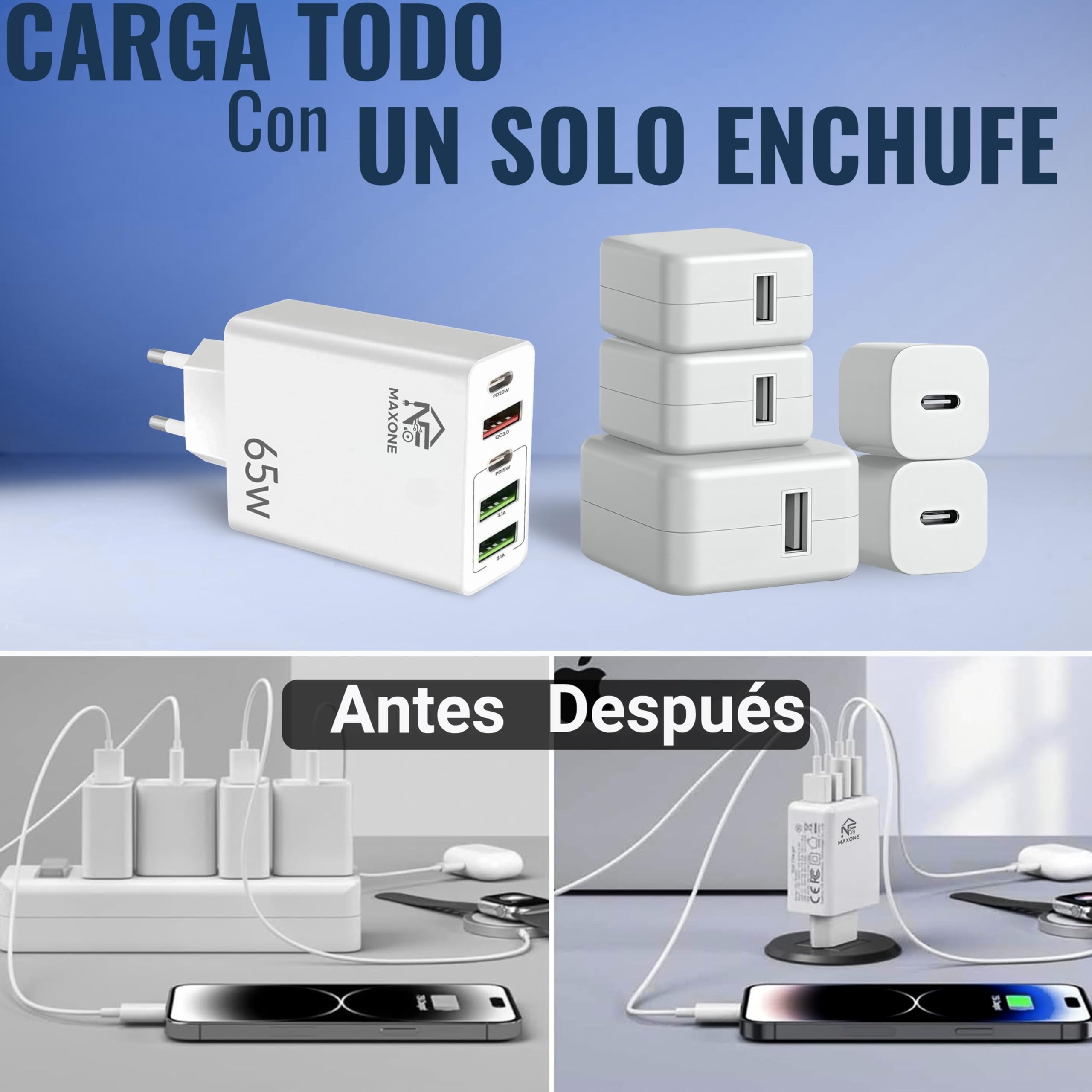 Pack 2 Cargador USB C Carga Rápida - Cargador USB Múltiple 5 Puertos - Enchufe Multiple USB C 65 W – Adaptador Compatible con Samsung, iPad, iPhone, Google, Carga Movil.65W