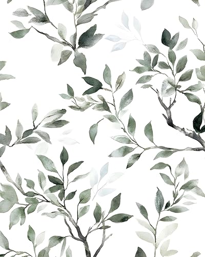 Miniatura 8 de Papel tapiz de hojas azules, papel tapiz bohemio para despegar y pegar, papel de contacto vintage de hojas verdes, papel de pared floral blanco,