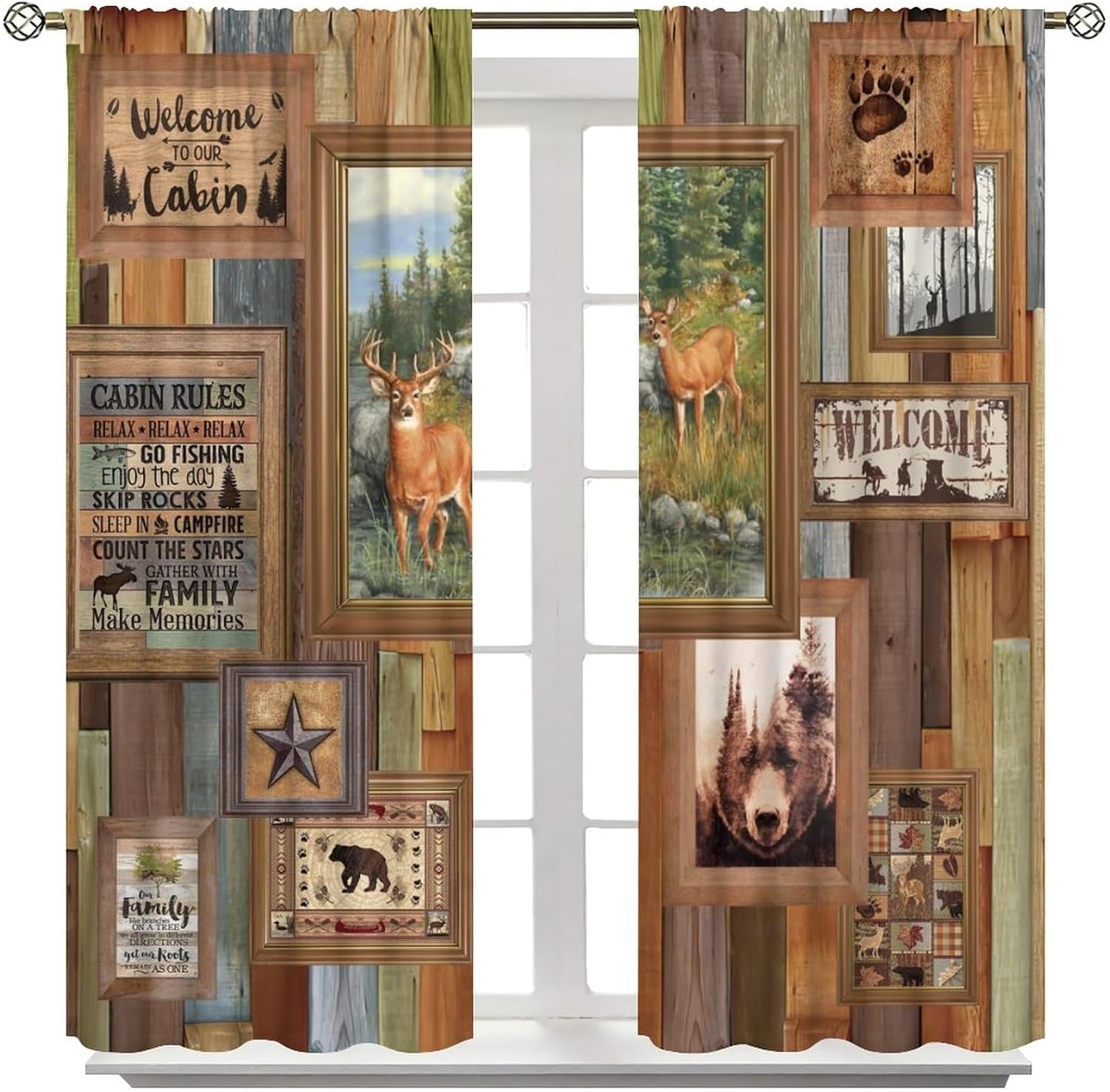Rustic Cabin Curtain,Brown Bear Deer Forest Animals Hunting Wildlife Retro Wooden Plank Background Blackout Rod Pocket Window Drapes for Living Room Bedroom Kitchen W42xL45in