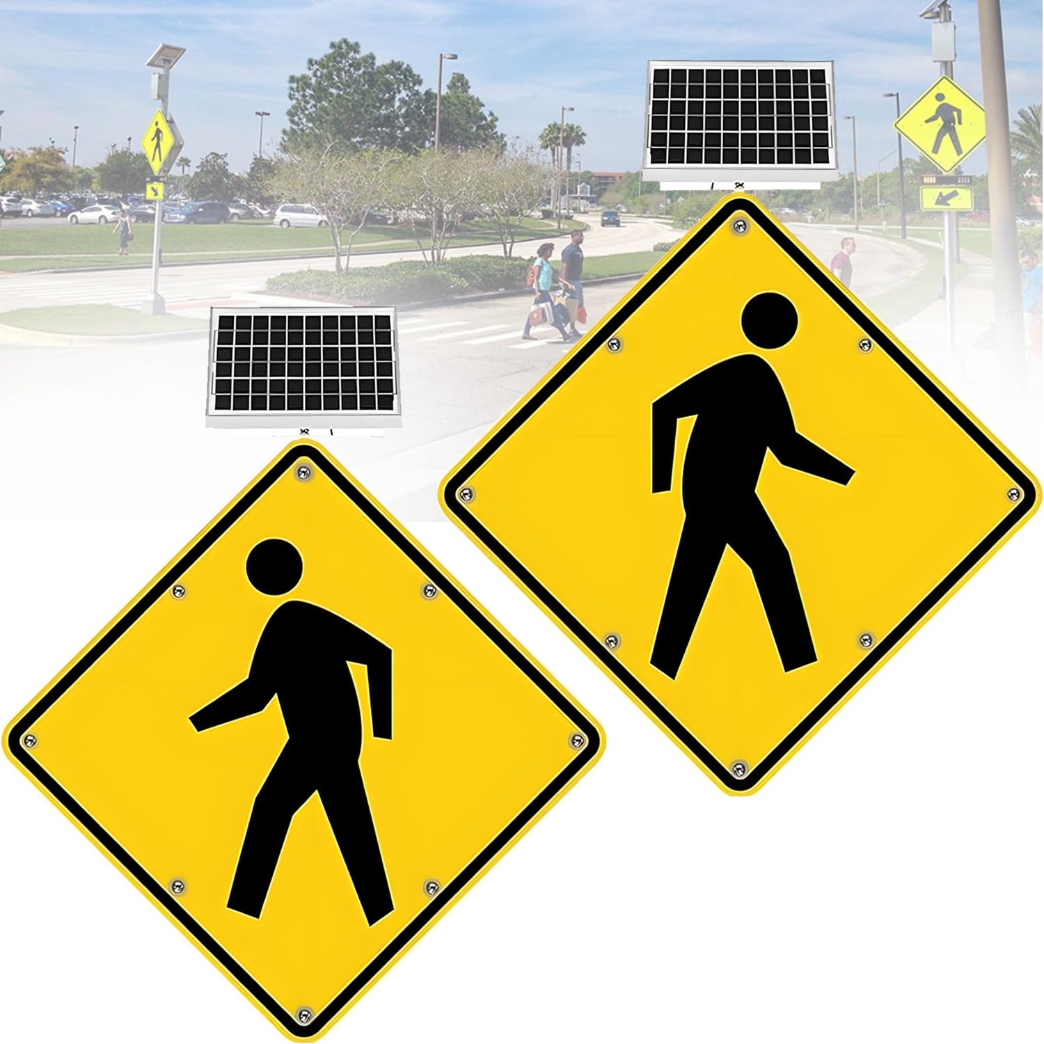 Señal de Cruce peatonal con luz LED Intermitente y energía Solar de 24''/30'', película Reflectante de Grado Industrial, señales de Cruce peatonal de Aluminio 2sets-24in