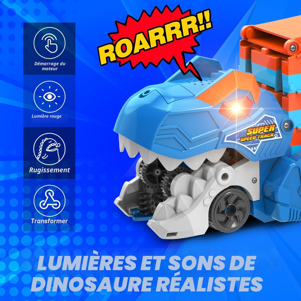 TERRAMUS Camion de transport Dinosaure - Jeu de jouets de voiture 3 en 1 avec éjection, piste pliante portable pour enfants avec 8 voitures de course, jeu de jouets de voiture portable pour enfants