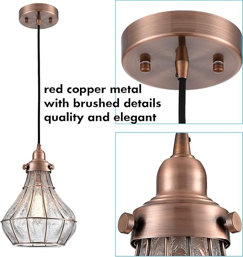 Miniatura 5 de YUBOLE Lámpara colgante de techo de jaula de alambre vintage de vidrio agrietado, cobre antiguo rojo
